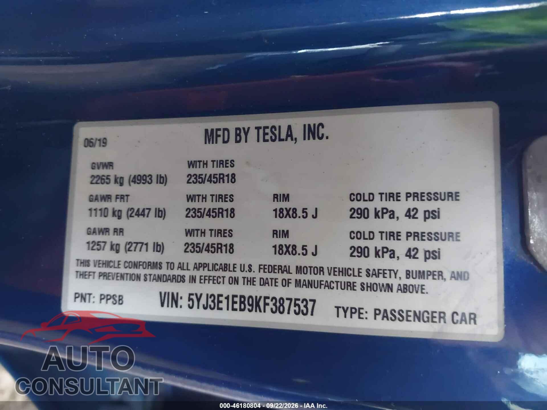 TESLA MODEL 3 2019 - 5YJ3E1EB9KF387537