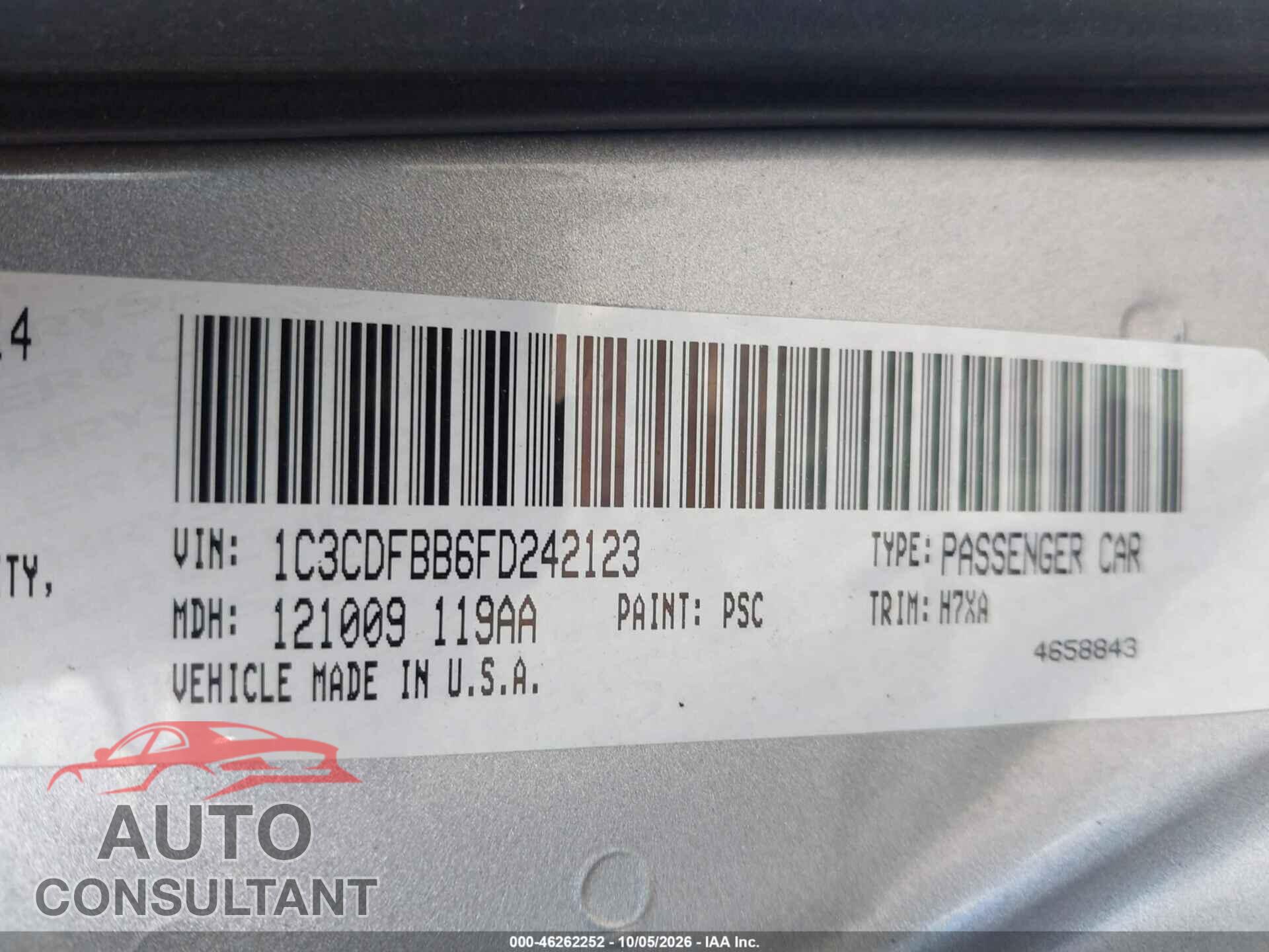 DODGE DART 2015 - 1C3CDFBB6FD242123