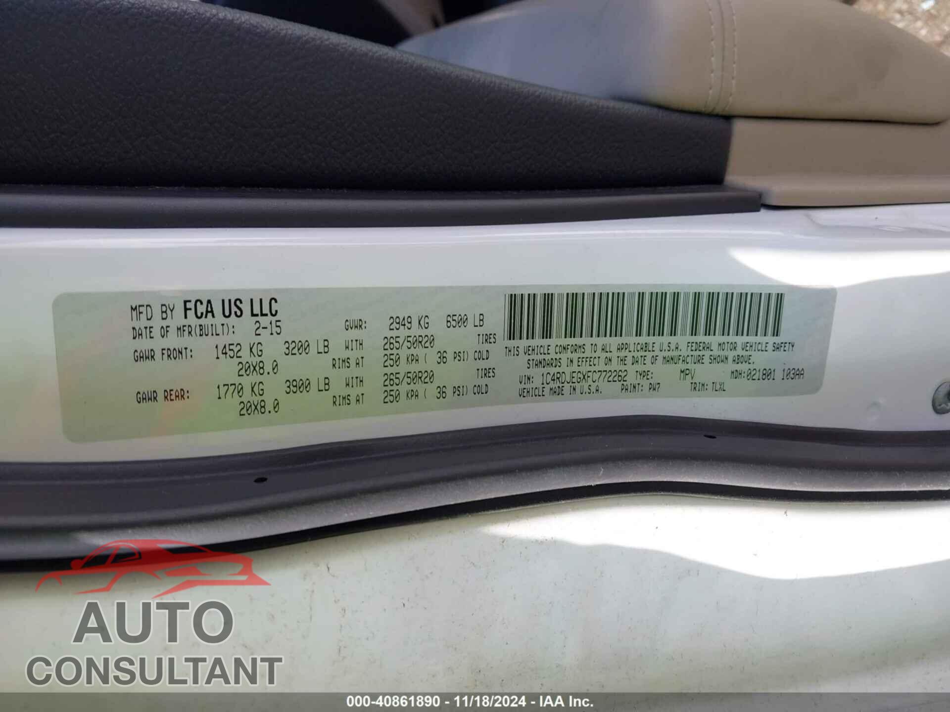 DODGE DURANGO 2015 - 1C4RDJEGXFC772262