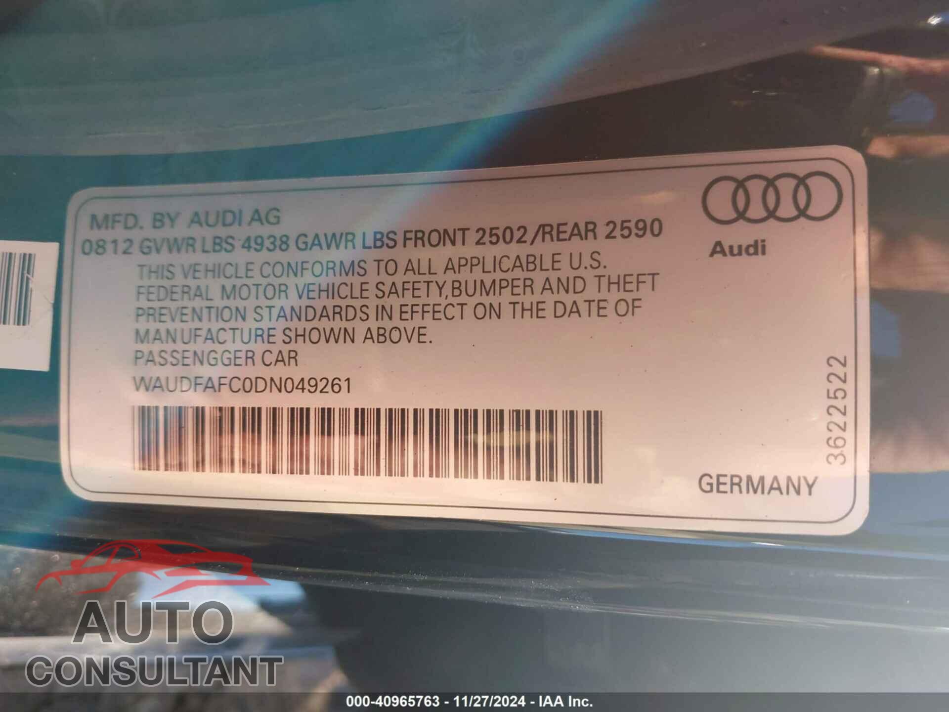 AUDI A6 2013 - WAUDFAFC0DN049261