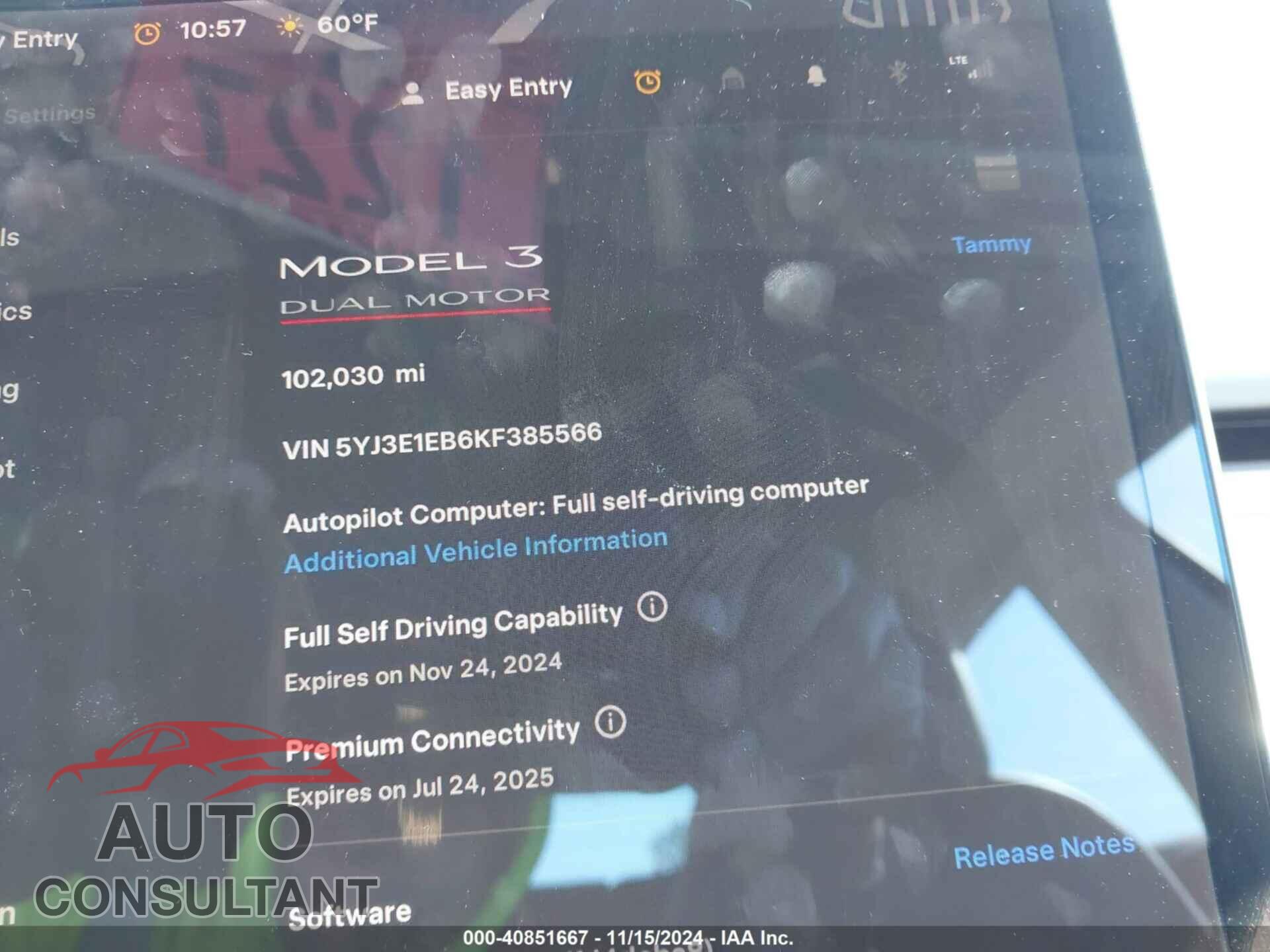 TESLA MODEL 3 2019 - 5YJ3E1EB6KF385566