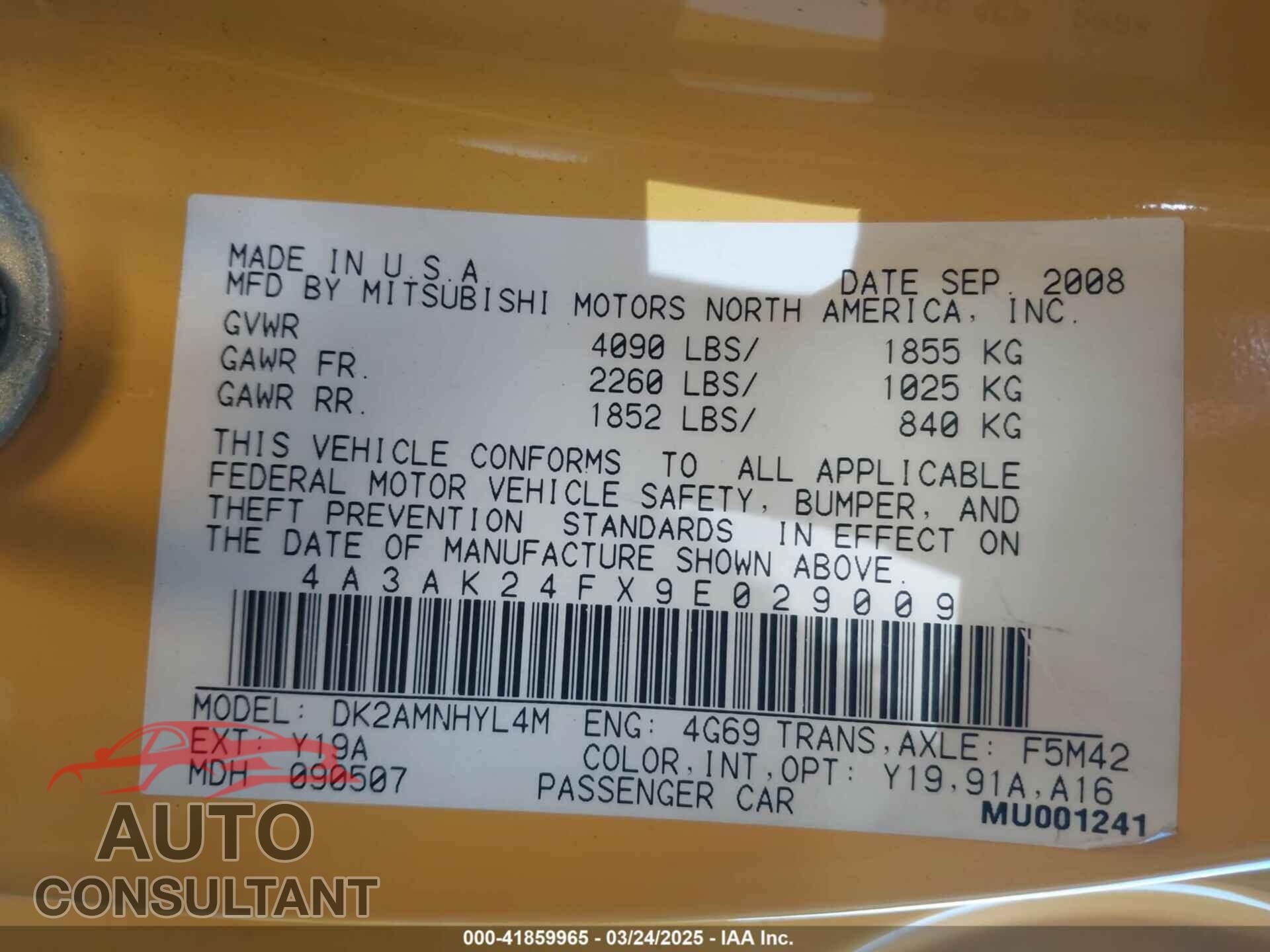 MITSUBISHI ECLIPSE 2009 - 4A3AK24FX9E029009