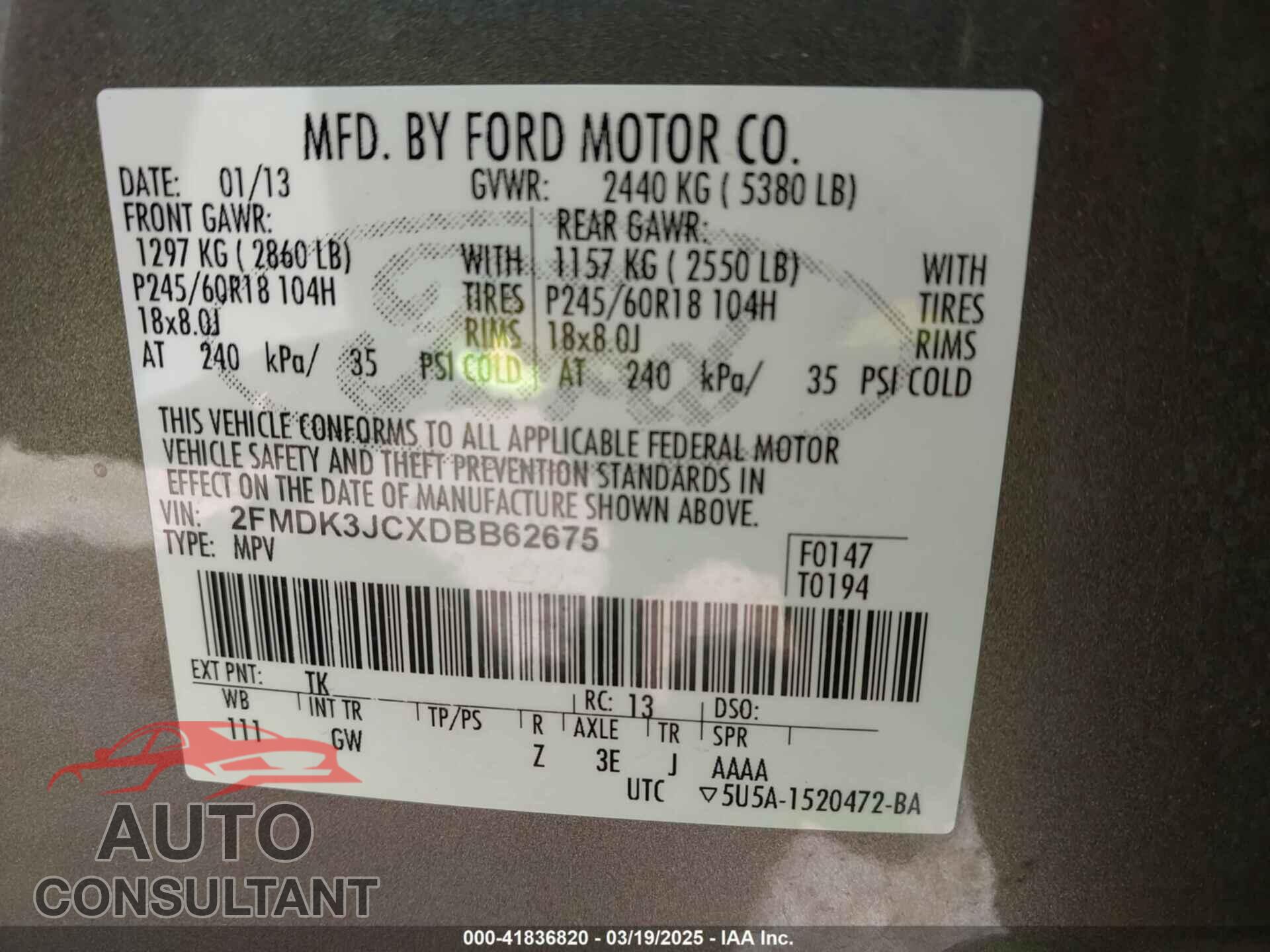 FORD EDGE 2013 - 2FMDK3JCXDBB62675
