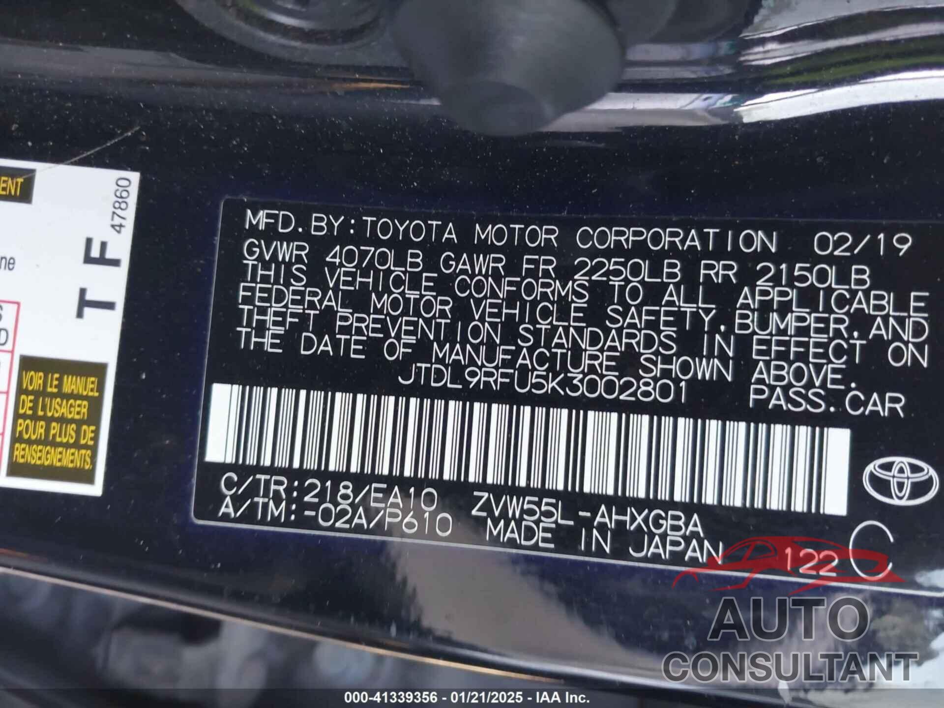 TOYOTA PRIUS 2019 - JTDL9RFU5K3002801