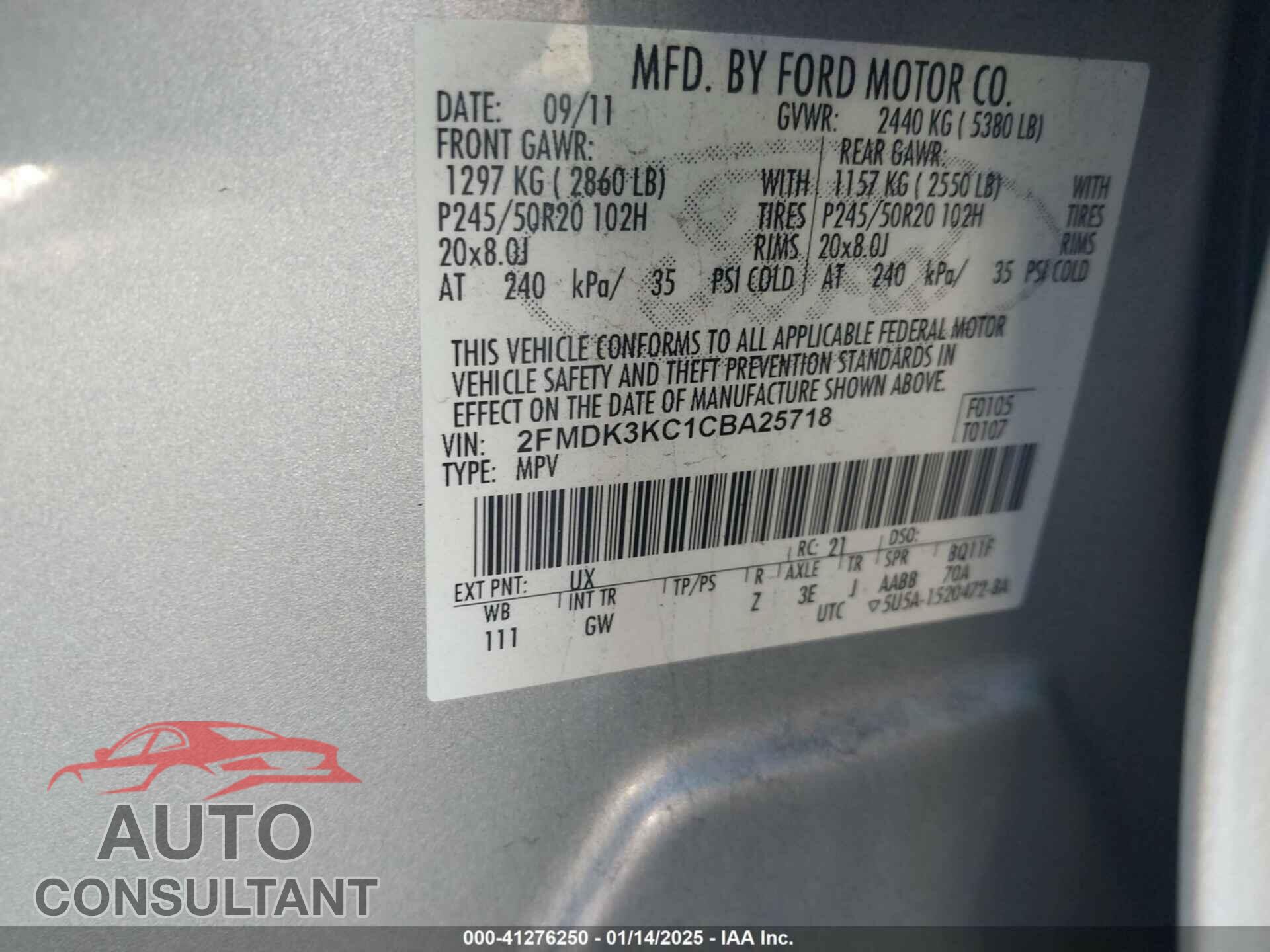 FORD EDGE 2012 - 2FMDK3KC1CBA25718