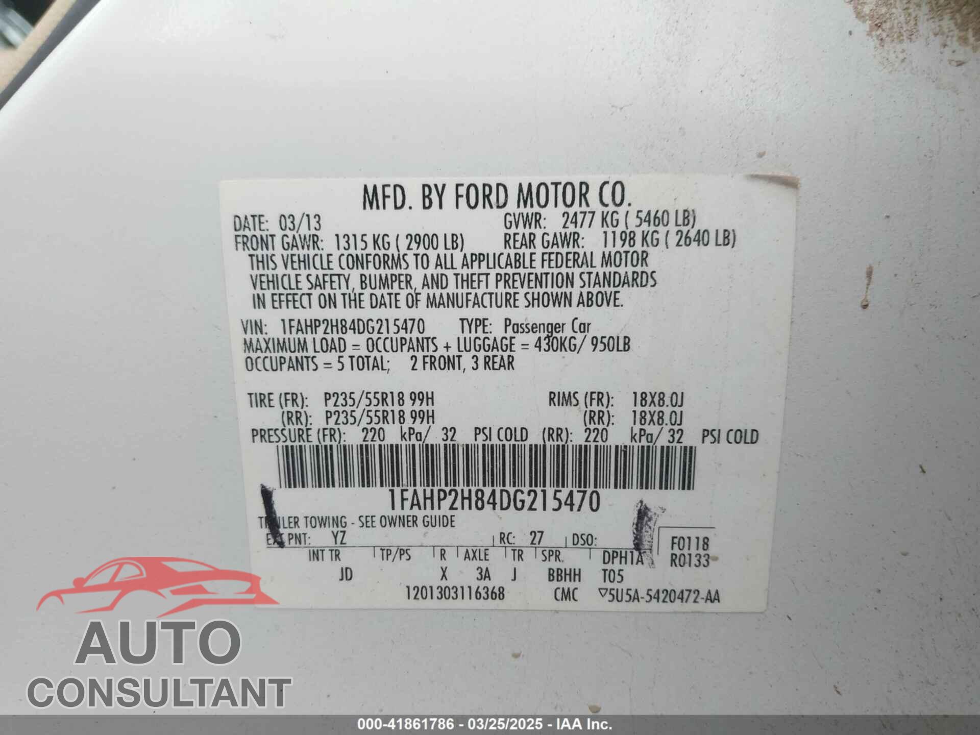 FORD TAURUS 2013 - 1FAHP2H84DG215470