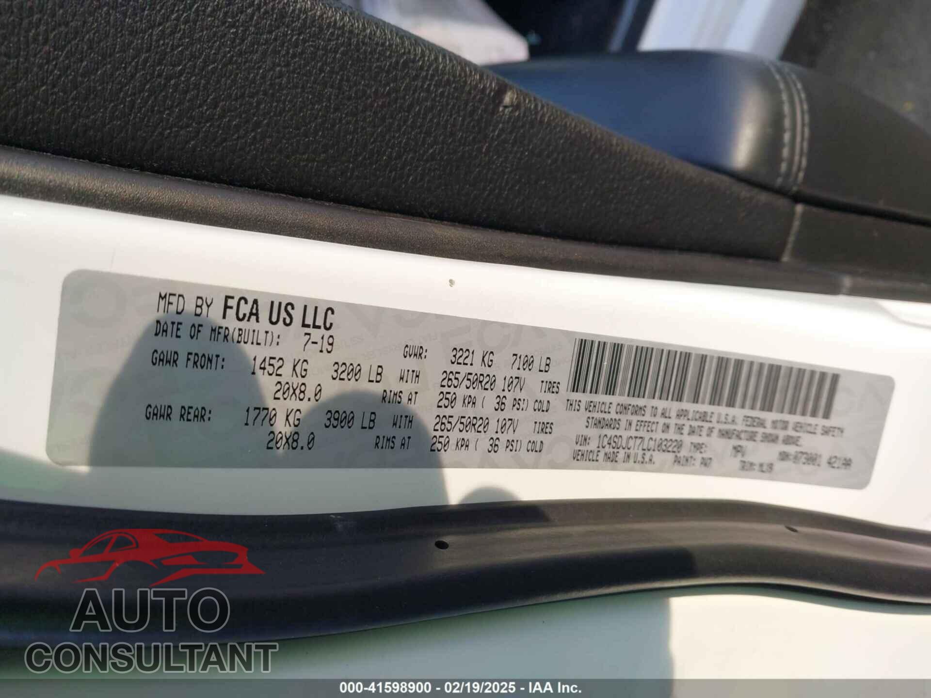 DODGE DURANGO 2020 - 1C4SDJCT7LC103220