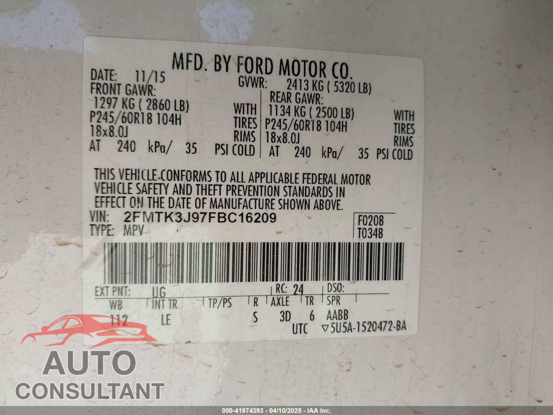 FORD EDGE 2015 - 2FMTK3J97FBC16209