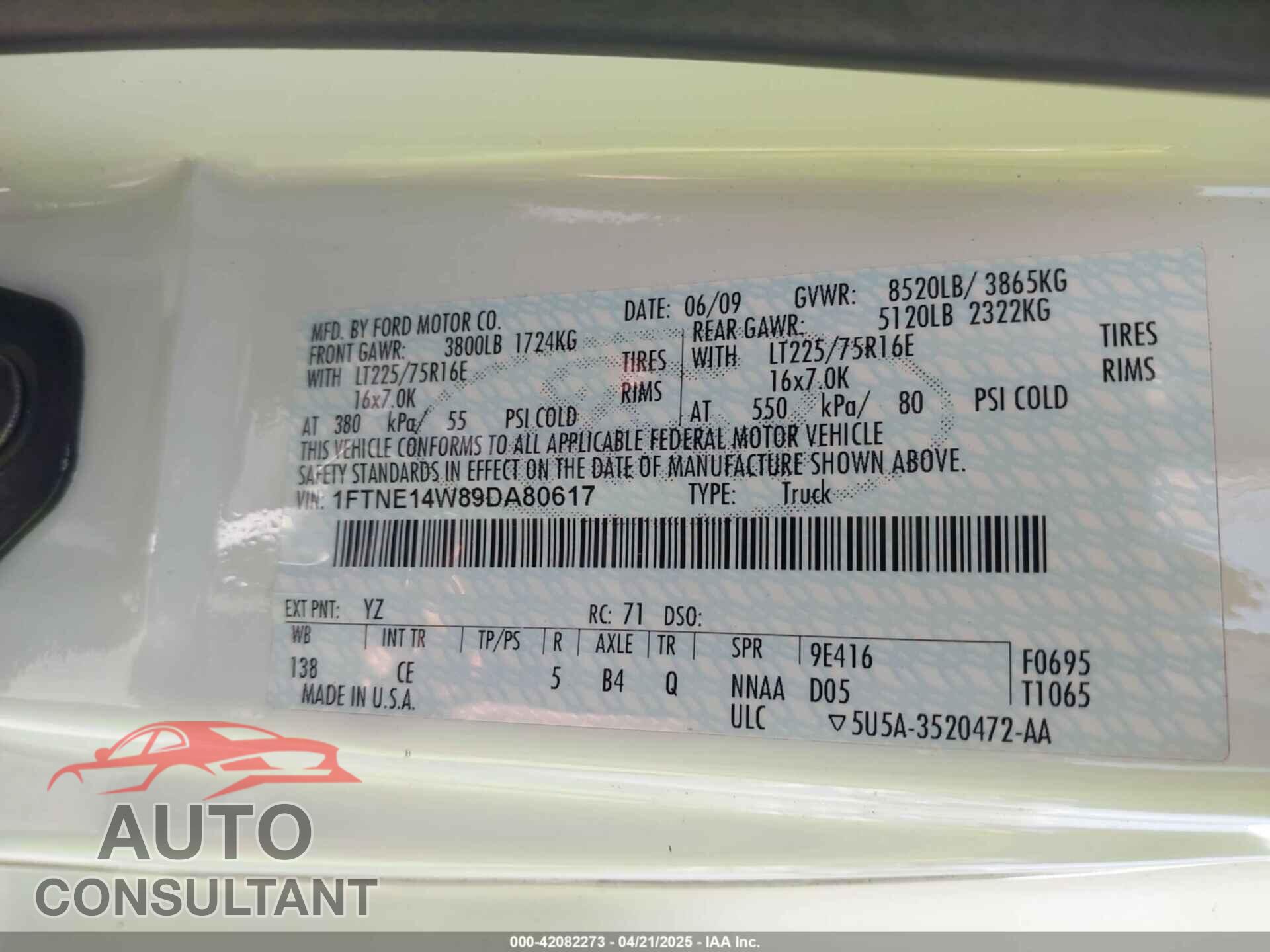 FORD E-150 2009 - 1FTNE14W89DA80617