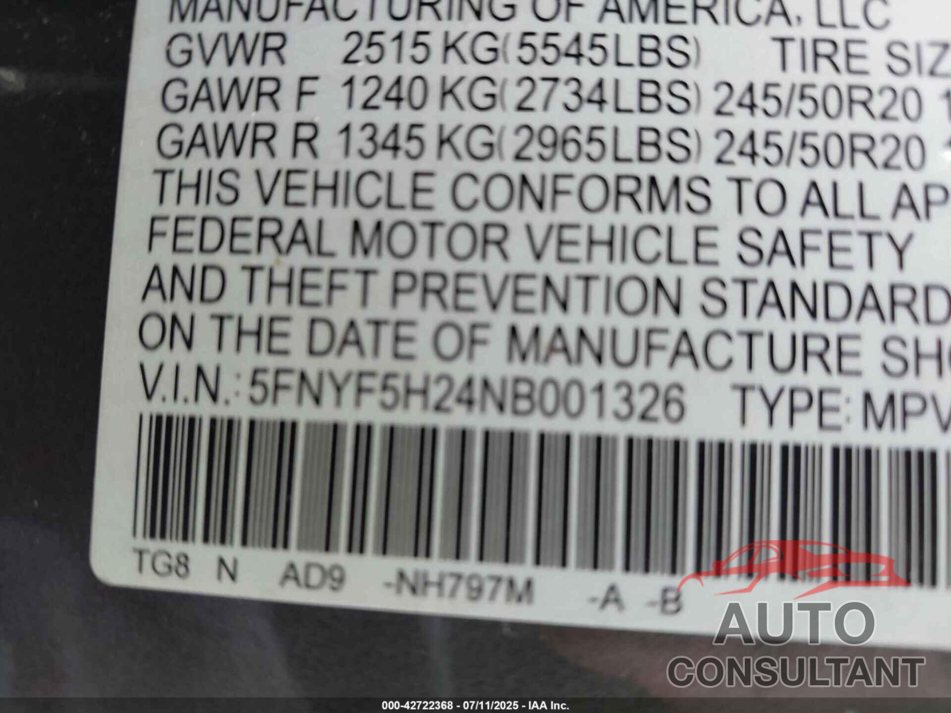 HONDA PILOT 2022 - 5FNYF5H24NB001326