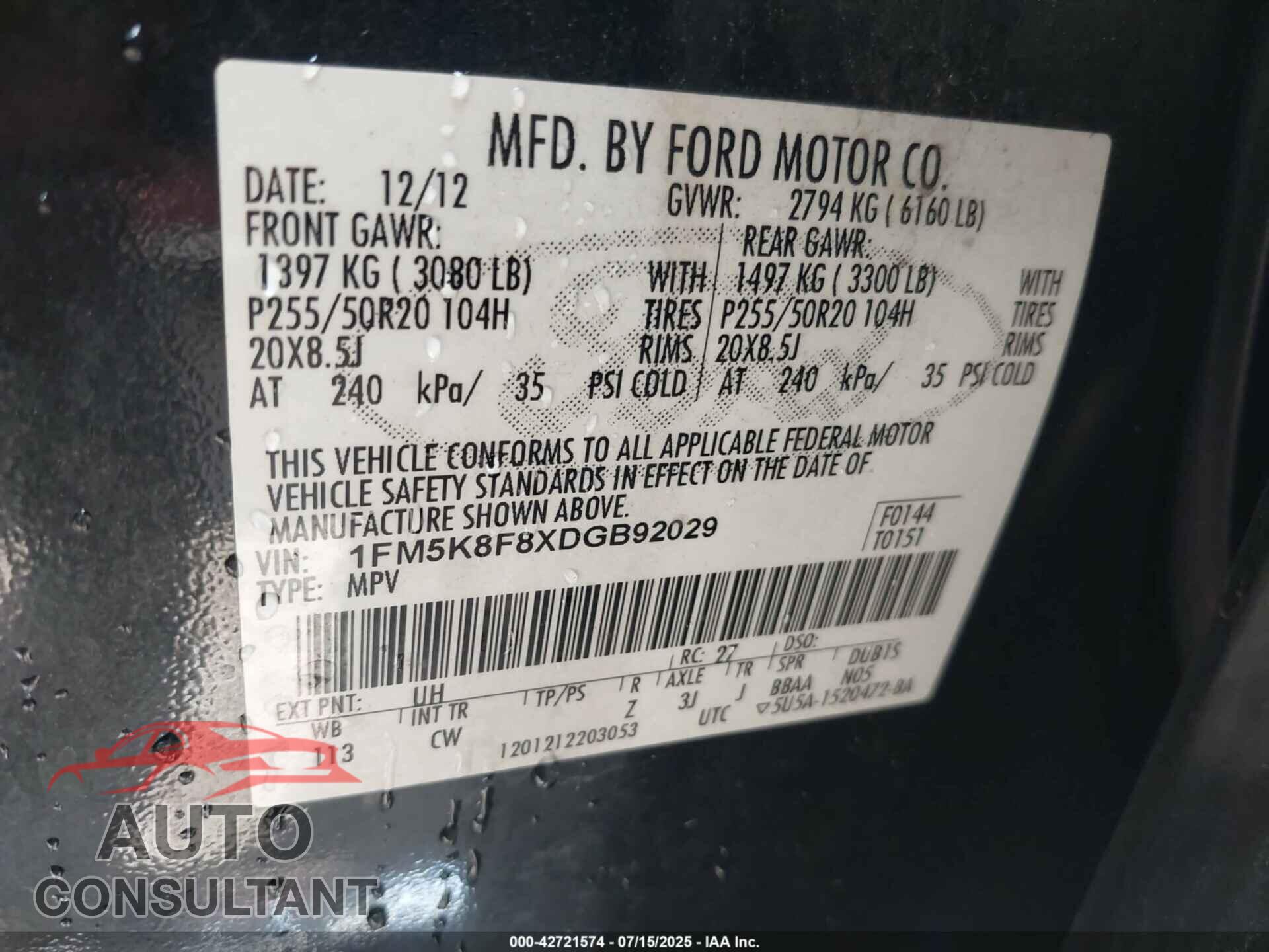 FORD EXPLORER 2013 - 1FM5K8F8XDGB92029