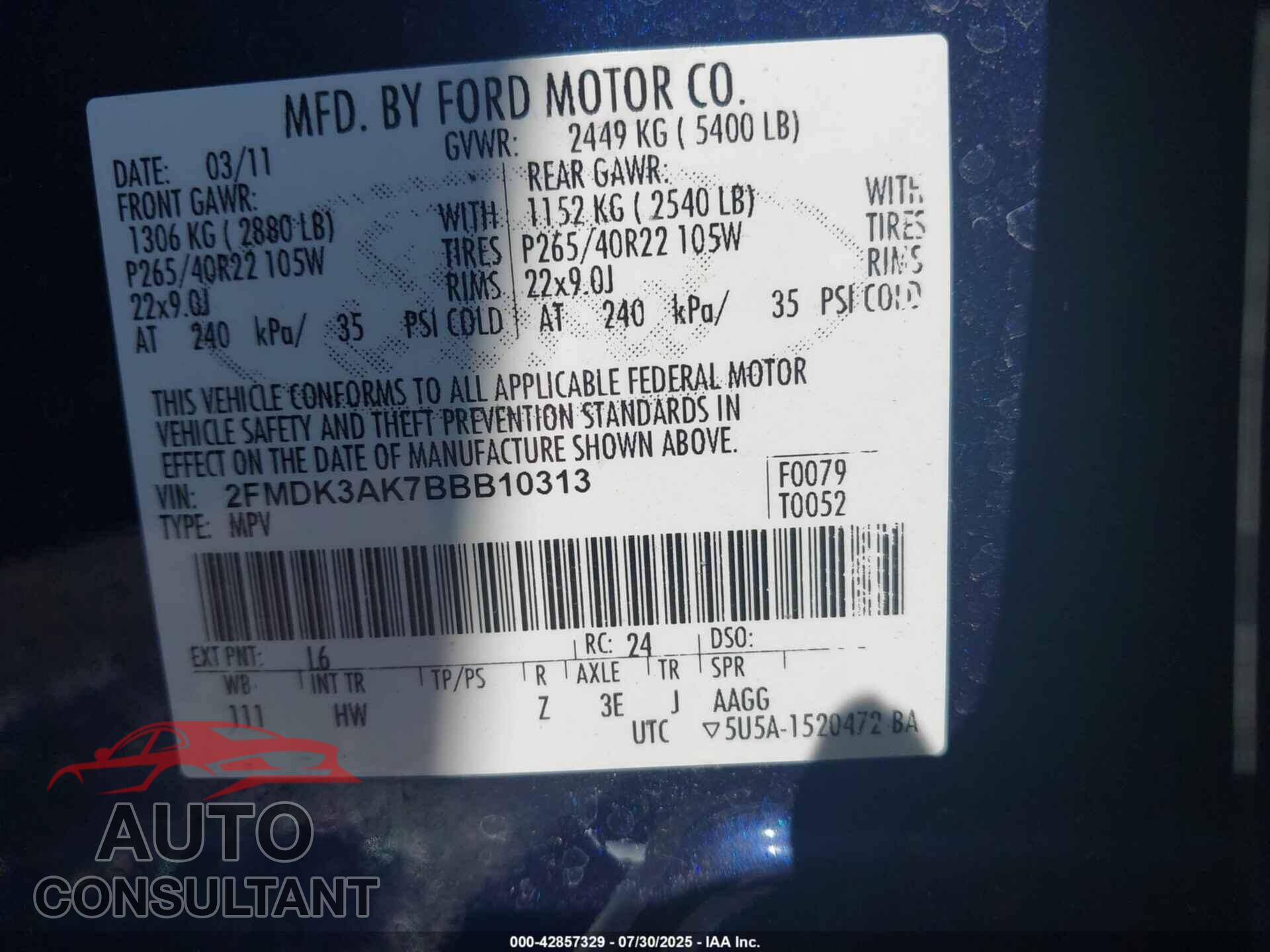 FORD EDGE 2011 - 2FMDK3AK7BBB10313