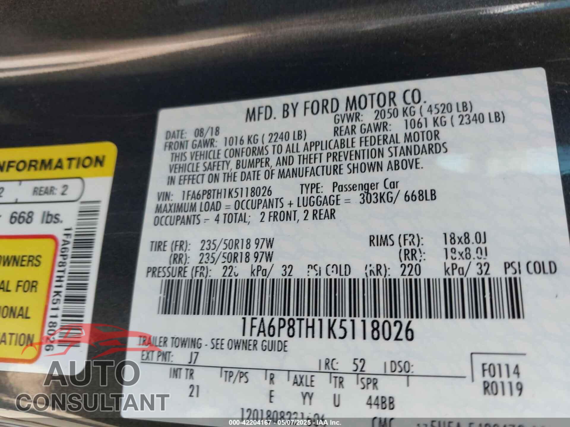 FORD MUSTANG 2019 - 1FA6P8TH1K5118026