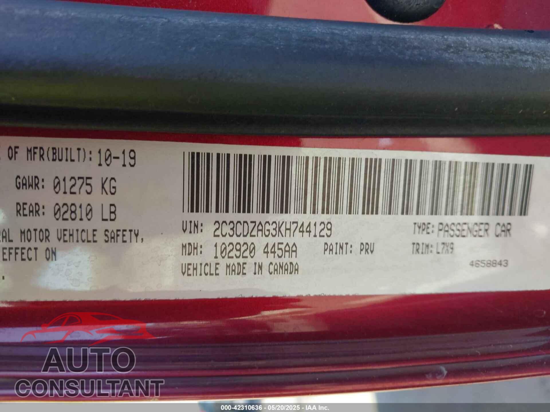 DODGE CHALLENGER 2019 - 2C3CDZAG3KH744129