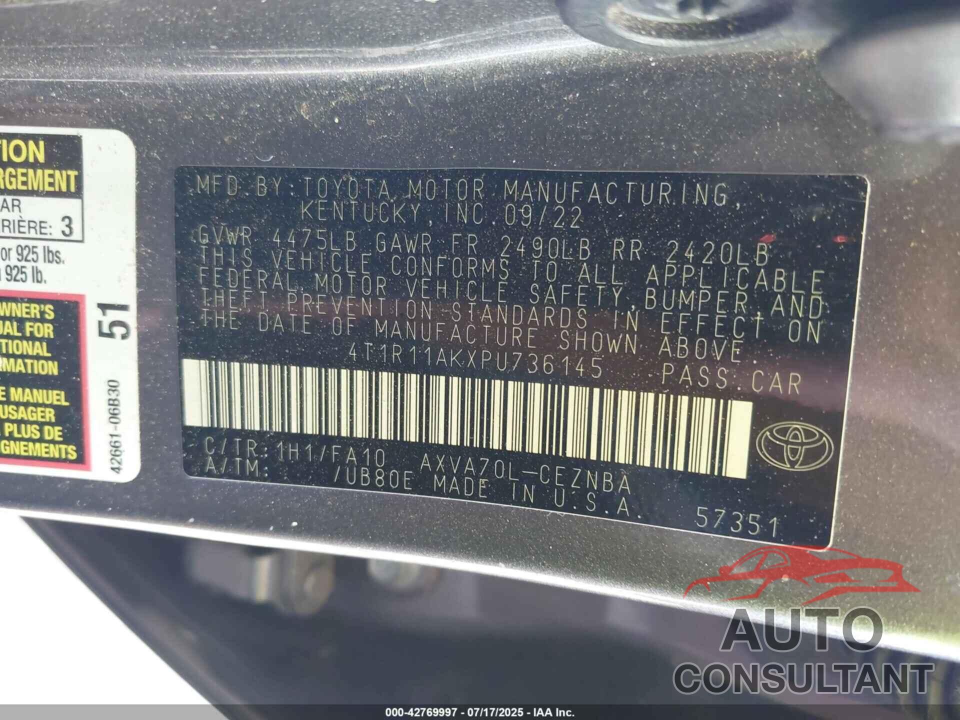 TOYOTA CAMRY 2023 - 4T1R11AKXPU736145