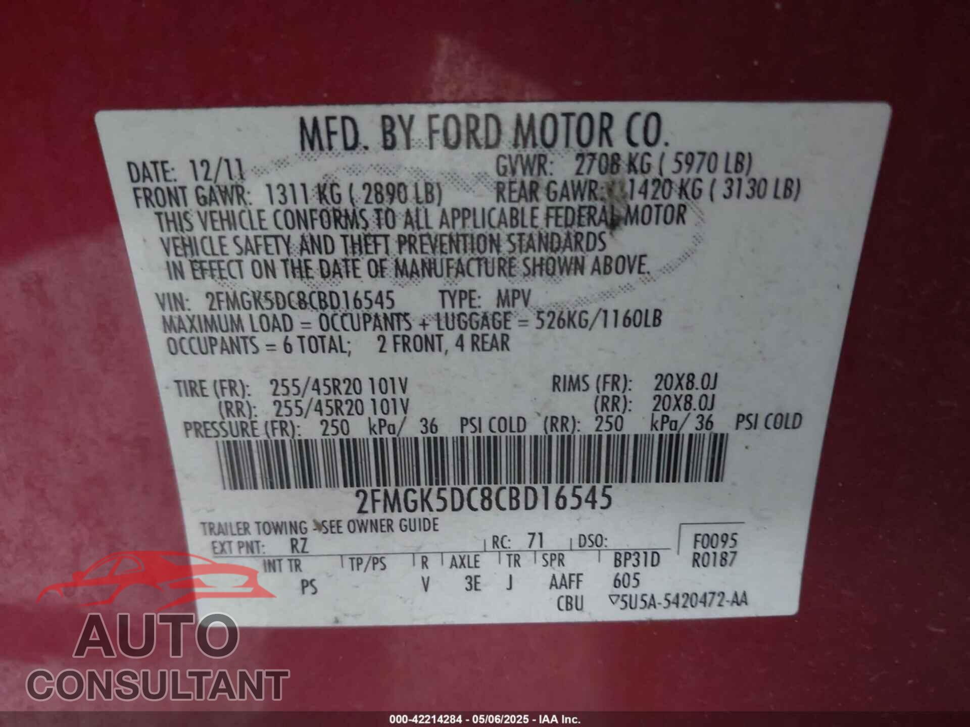 FORD FLEX 2012 - 2FMGK5DC8CBD16545