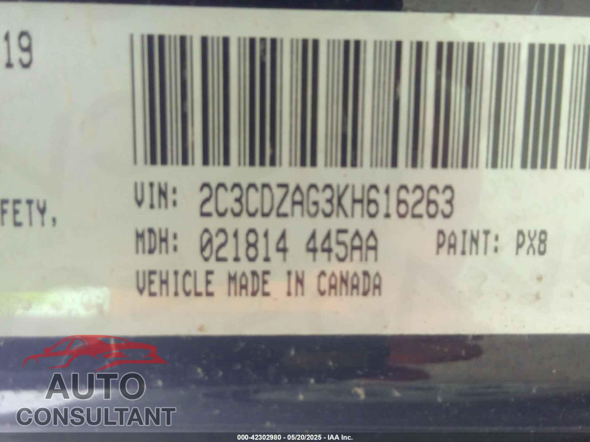 DODGE CHALLENGER 2019 - 2C3CDZAG3KH616263