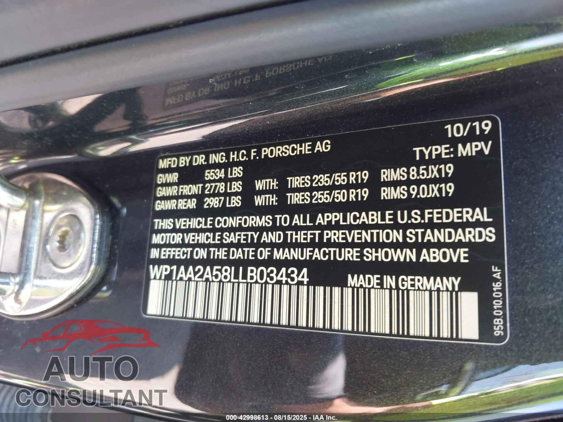 PORSCHE MACAN 2020 - WP1AA2A58LLB03434