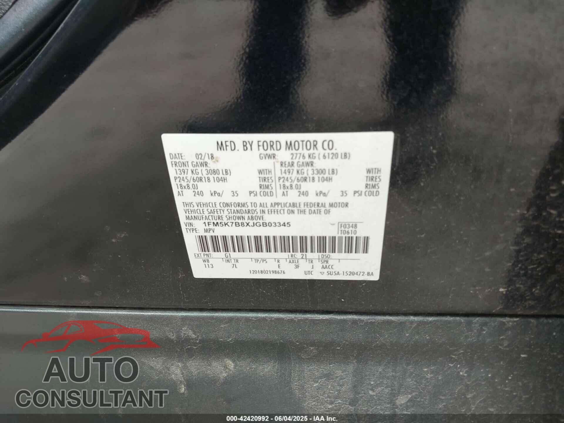 FORD EXPLORER 2018 - 1FM5K7B8XJGB03345