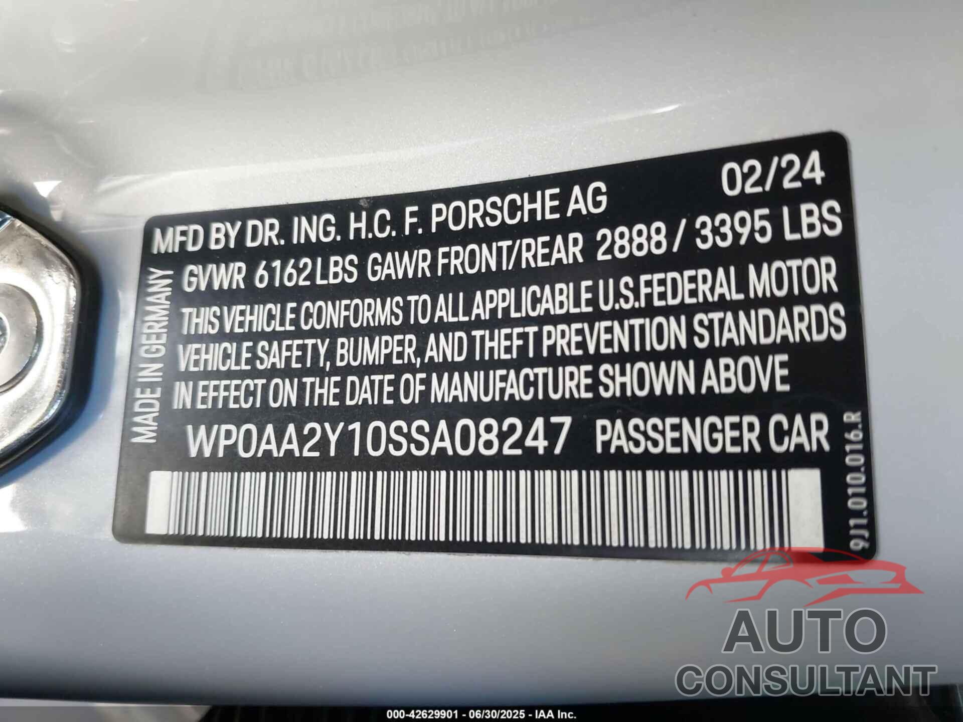 PORSCHE TAYCAN 2025 - WP0AA2Y10SSA08247
