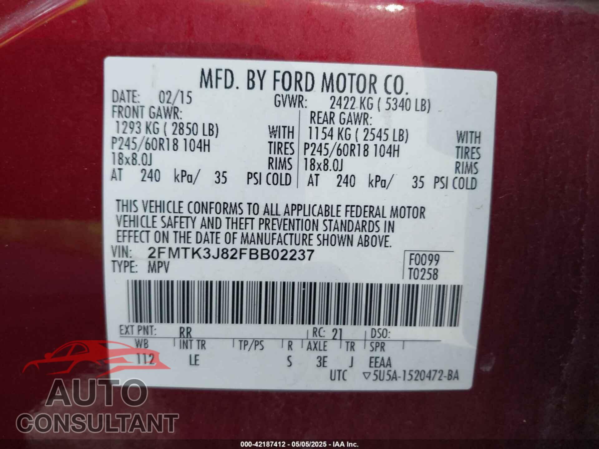 FORD EDGE 2015 - 2FMTK3J82FBB02237