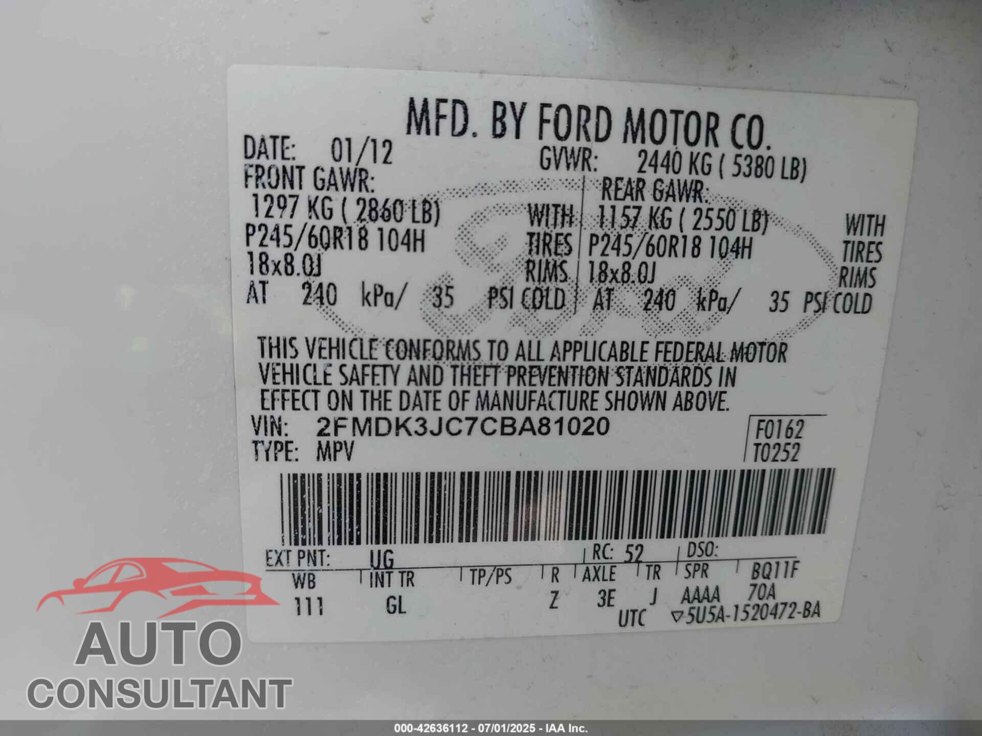 FORD EDGE 2012 - 2FMDK3JC7CBA81020