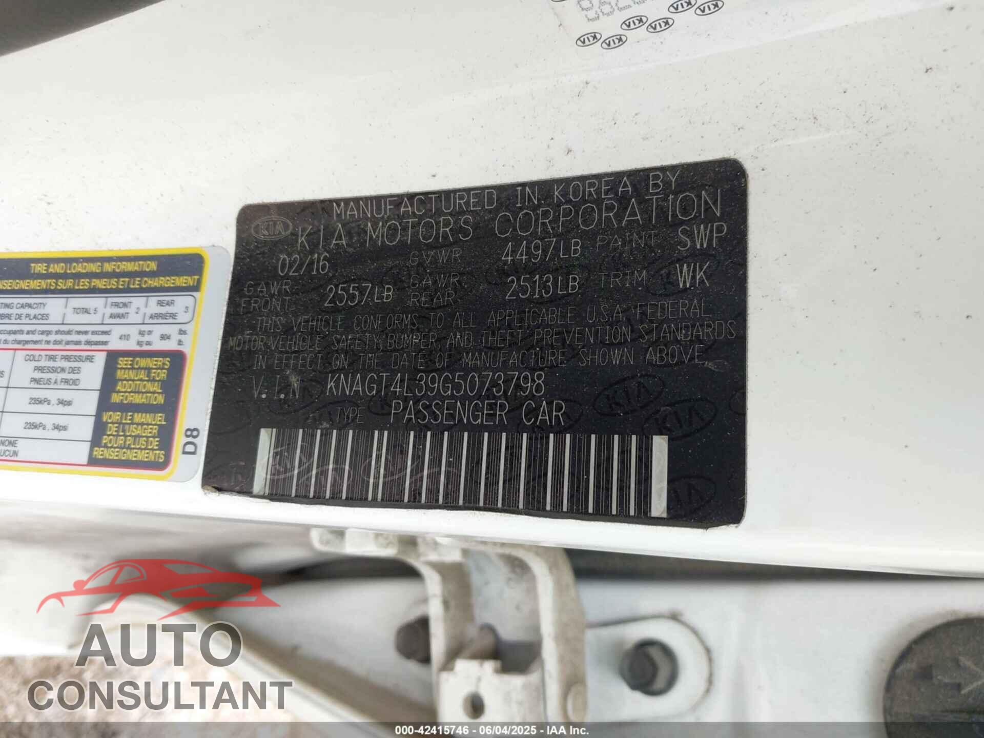 KIA OPTIMA 2016 - KNAGT4L39G5073798