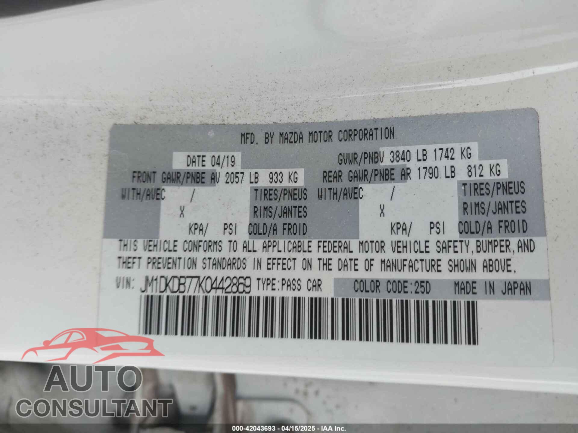 MAZDA CX-3 2019 - JM1DKDB77K0442869