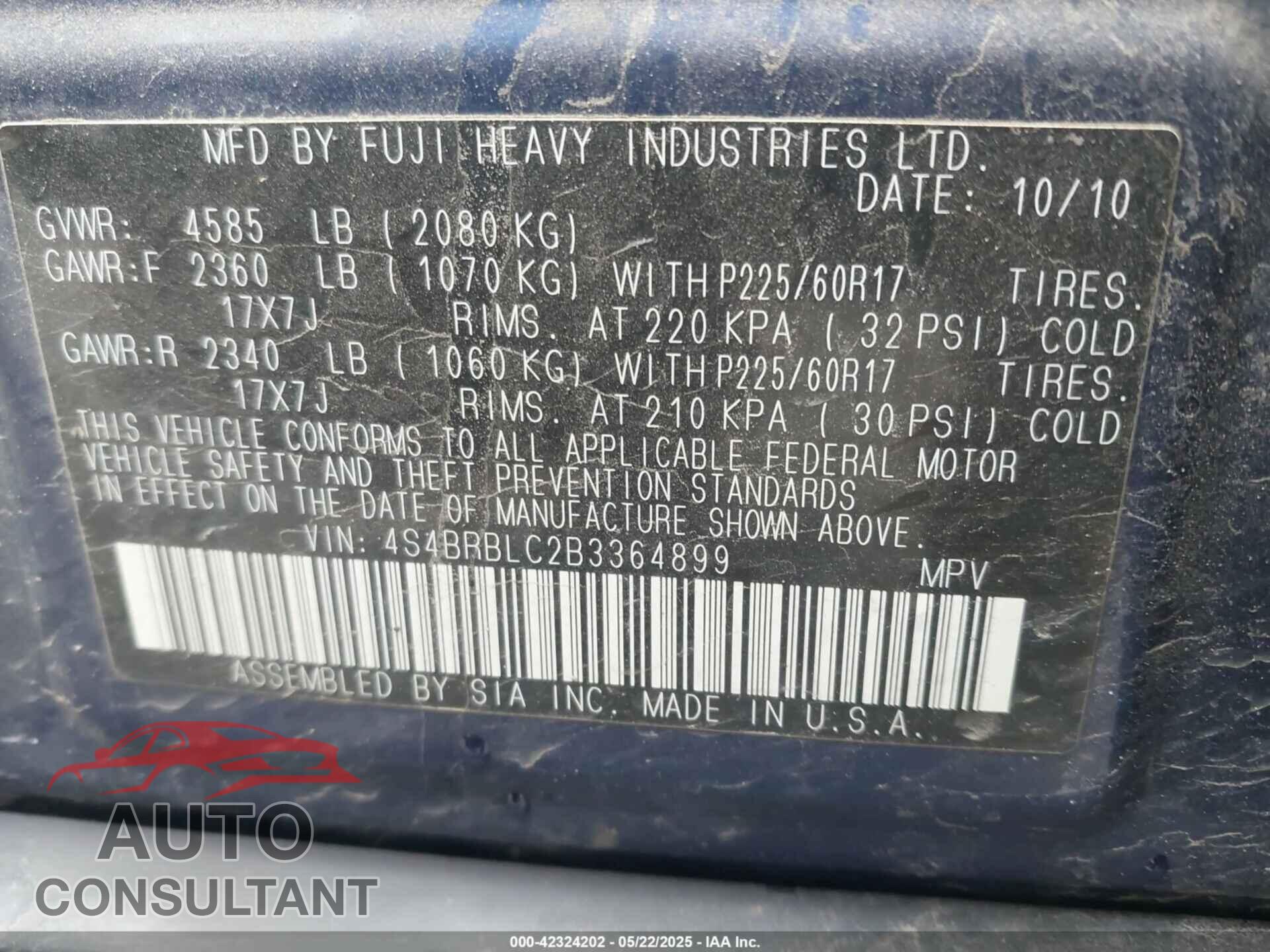 SUBARU OUTBACK 2011 - 4S4BRBLC2B3364899