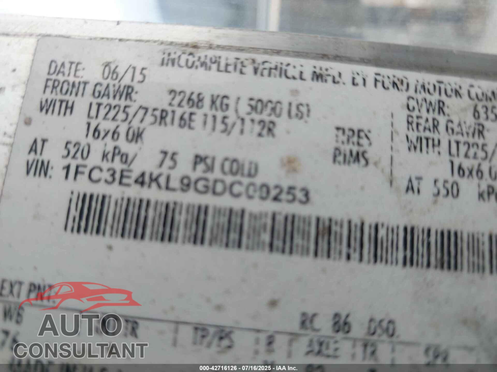 FORD E-450 STRIPPED 2016 - 1FC3E4KL9GDC09253