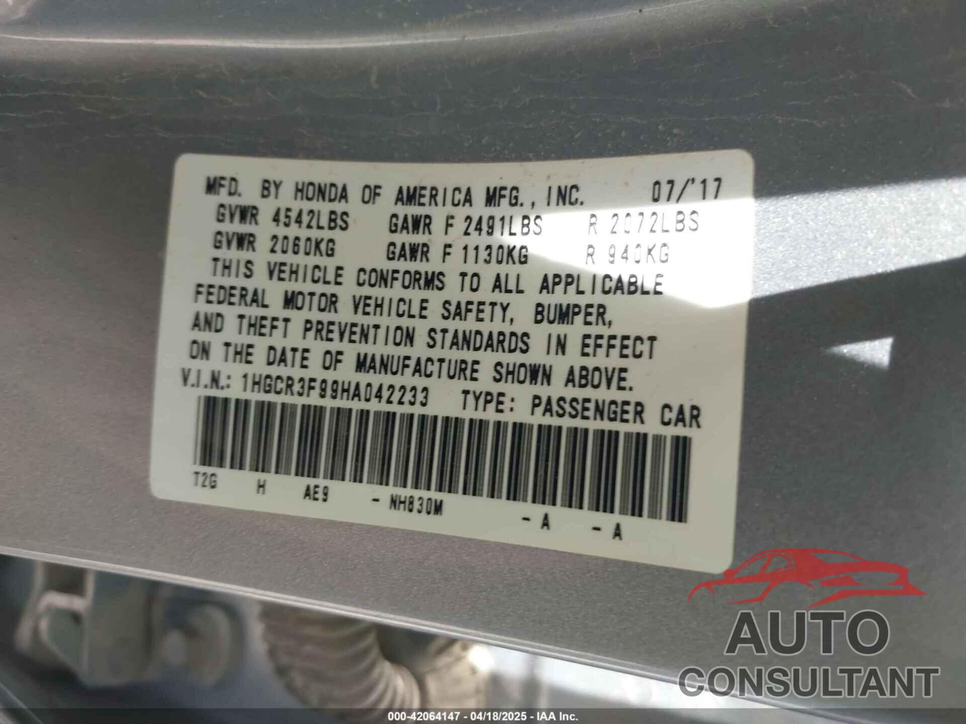 HONDA ACCORD 2017 - 1HGCR3F99HA042233