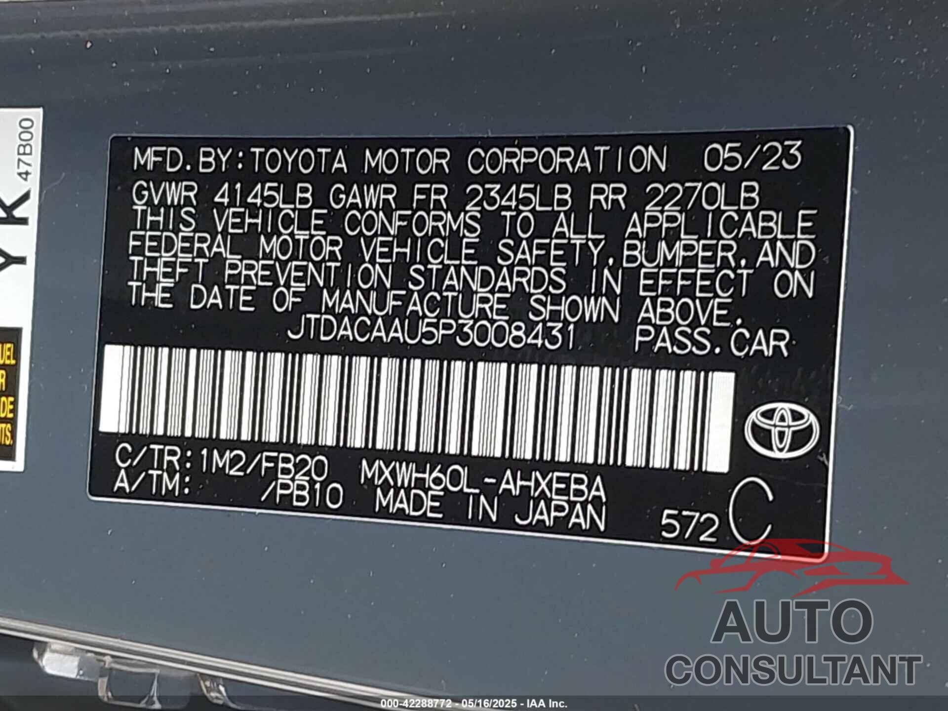 TOYOTA PRIUS 2023 - JTDACAAU5P3008431