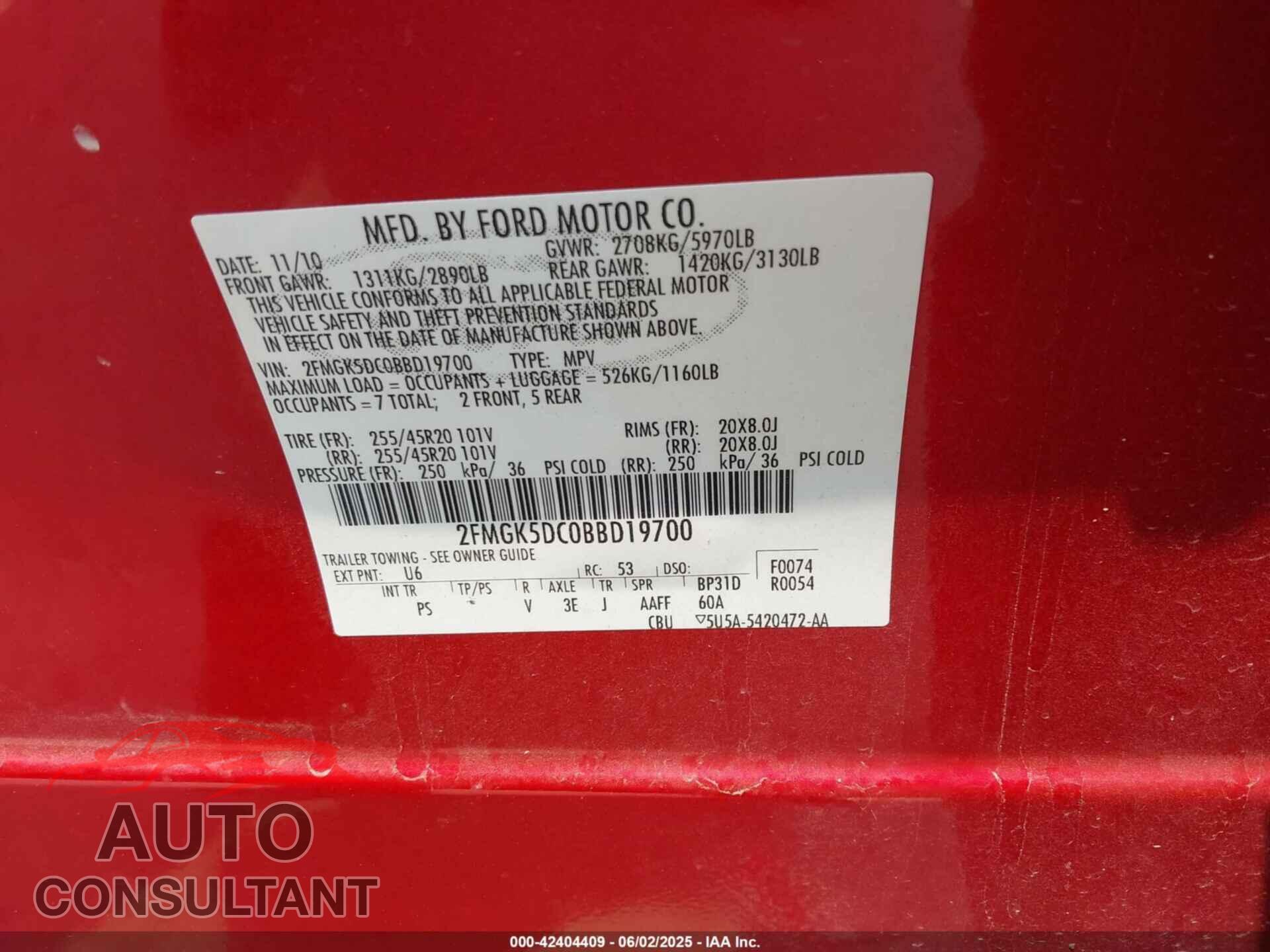 FORD FLEX 2011 - 2FMGK5DC0BBD19700