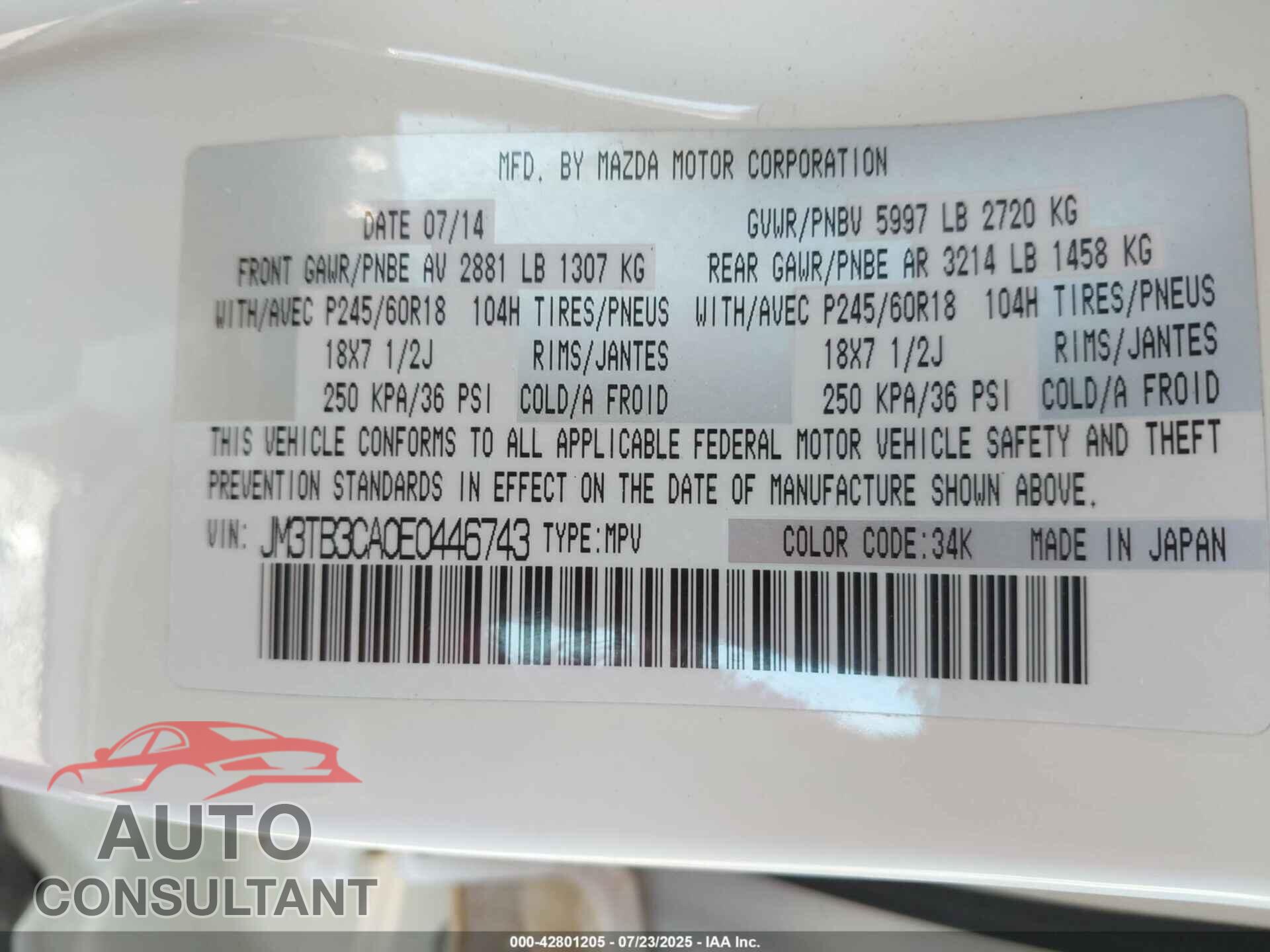 MAZDA CX-9 2014 - JM3TB3CA0E0446743