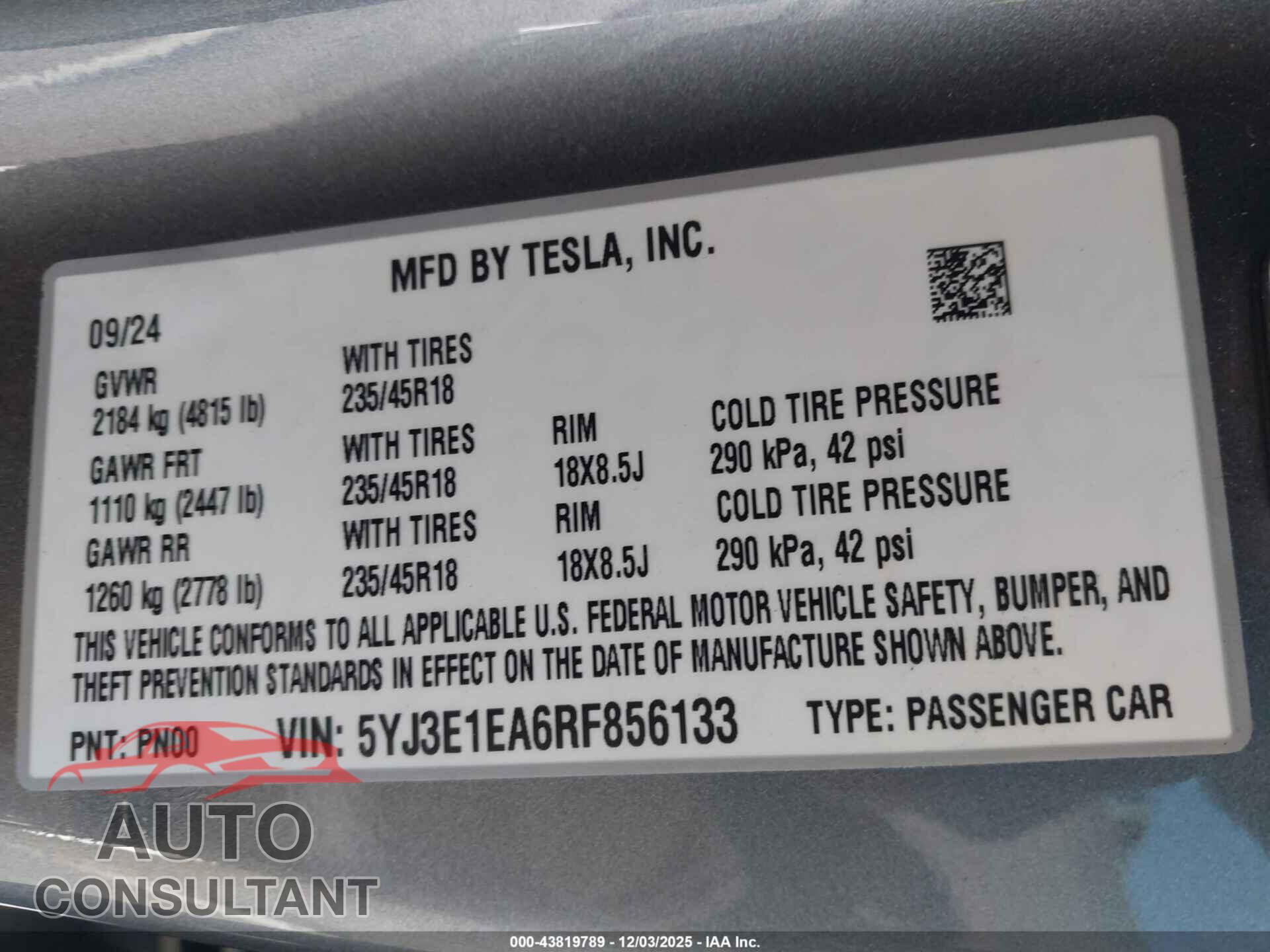 TESLA MODEL 3 2024 - 5YJ3E1EA6RF856133