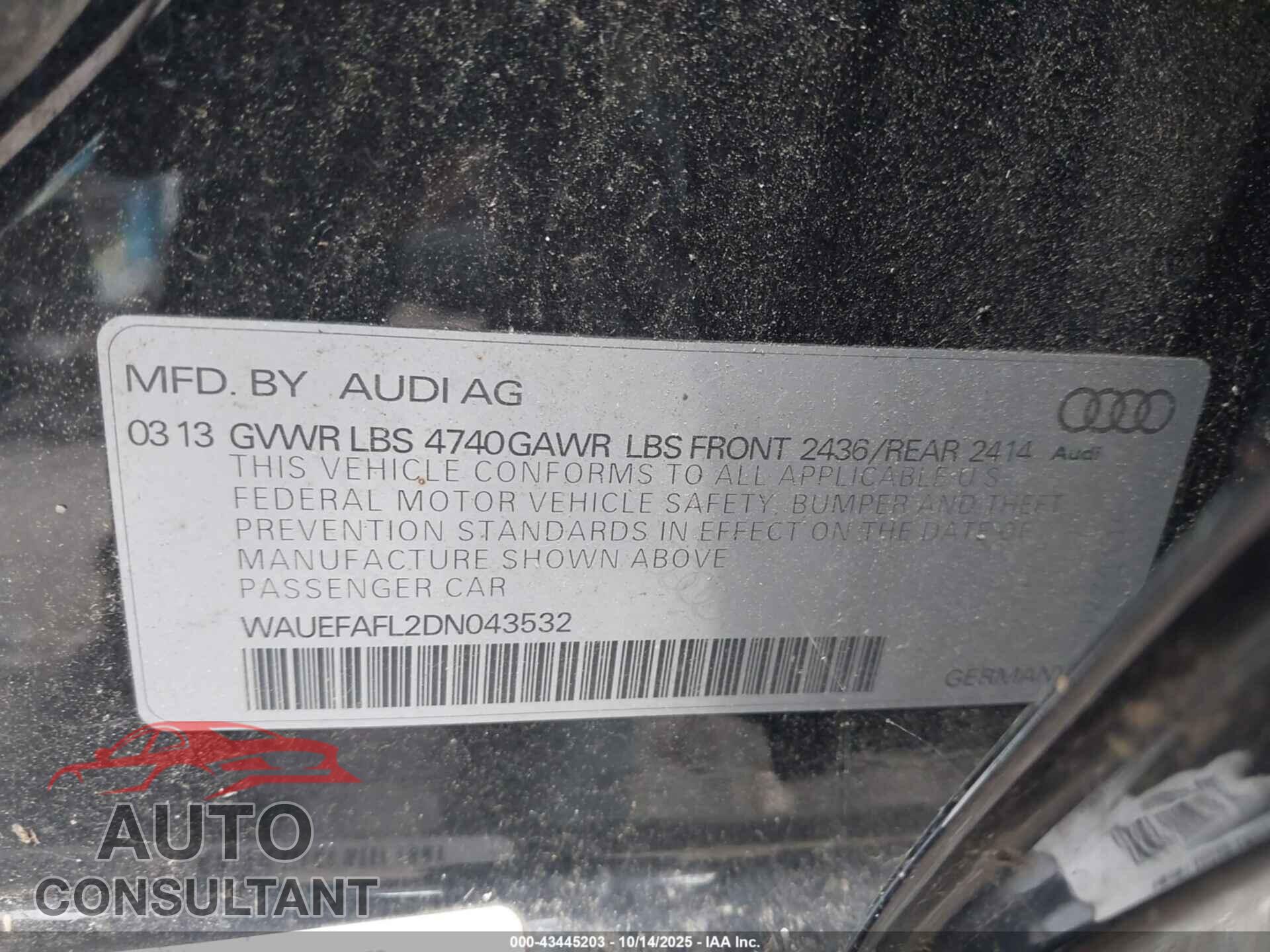 AUDI A4 2013 - WAUEFAFL2DN043532