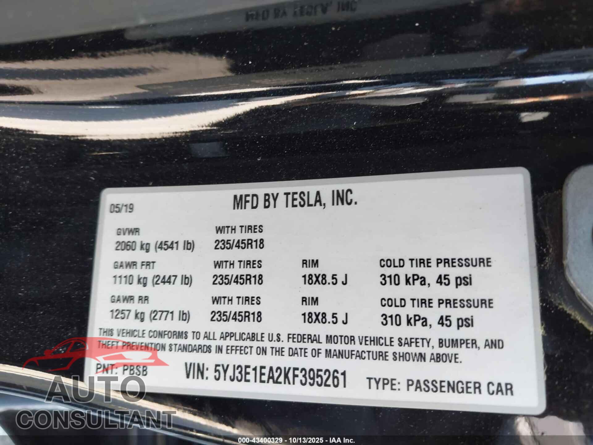TESLA MODEL 3 2019 - 5YJ3E1EA2KF395261