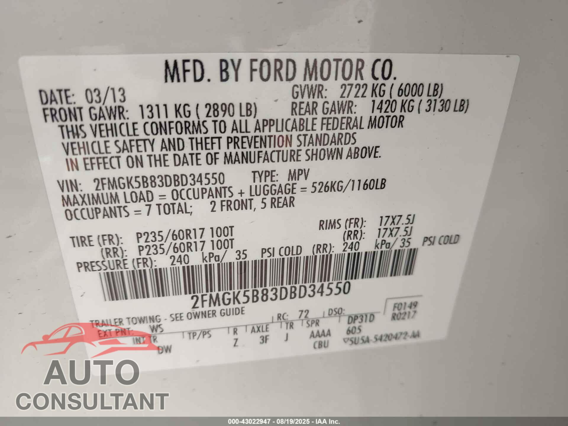 FORD FLEX 2013 - 2FMGK5B83DBD34550