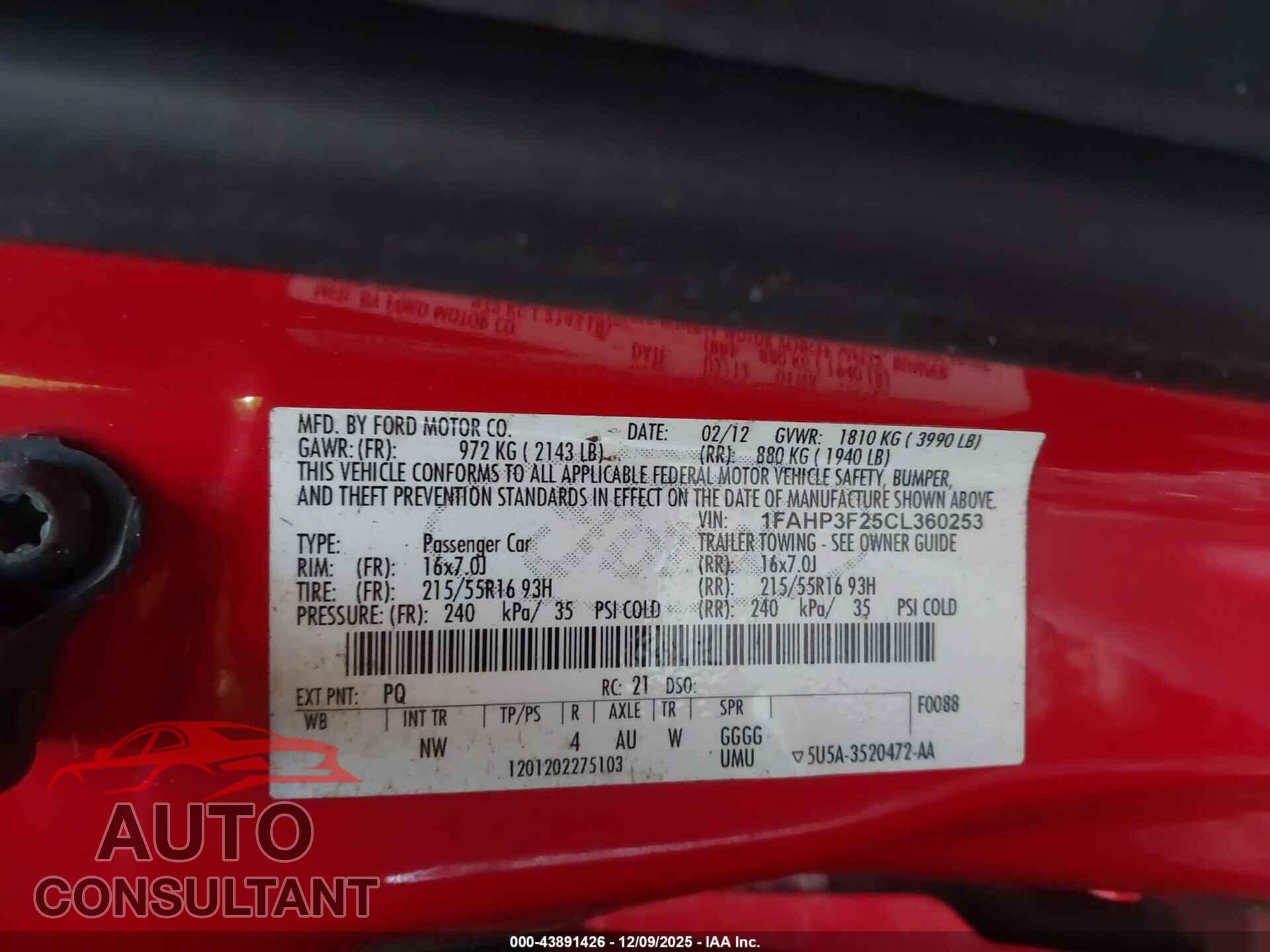 FORD FOCUS 2012 - 1FAHP3F25CL360253