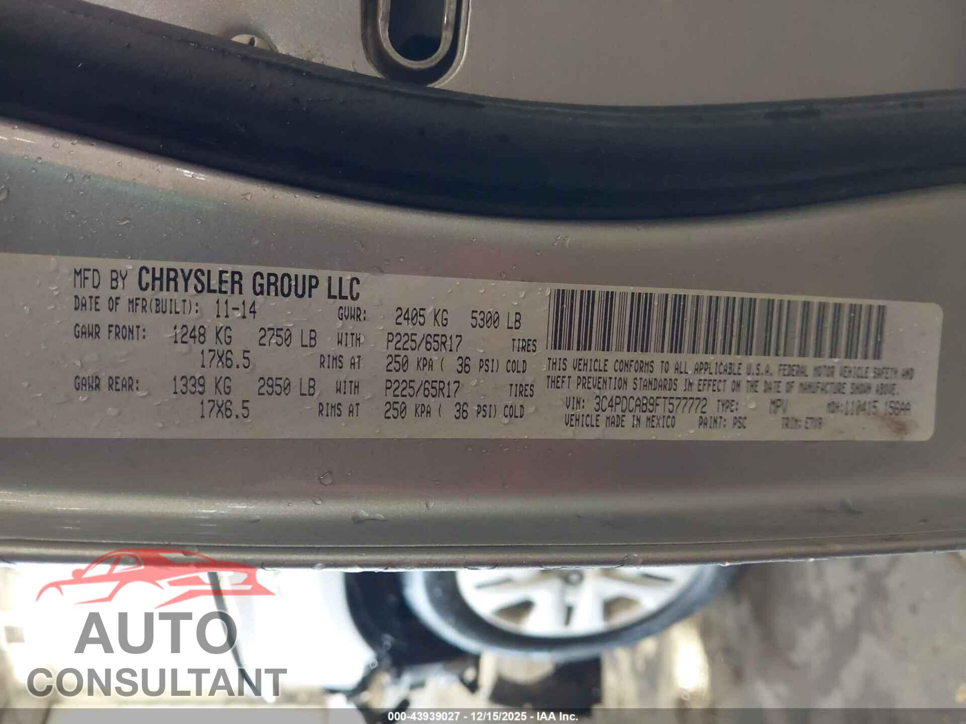 DODGE JOURNEY 2015 - 3C4PDCAB9FT577772