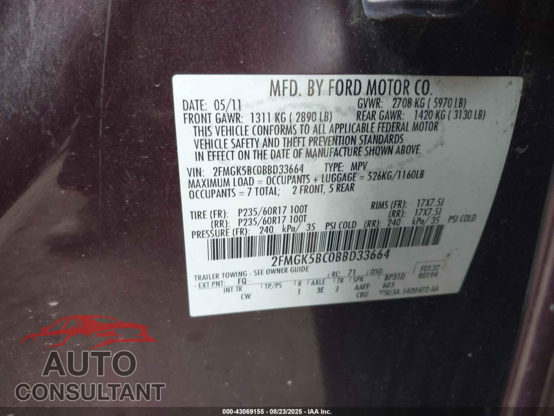 FORD FLEX 2011 - 2FMGK5BC0BBD33664
