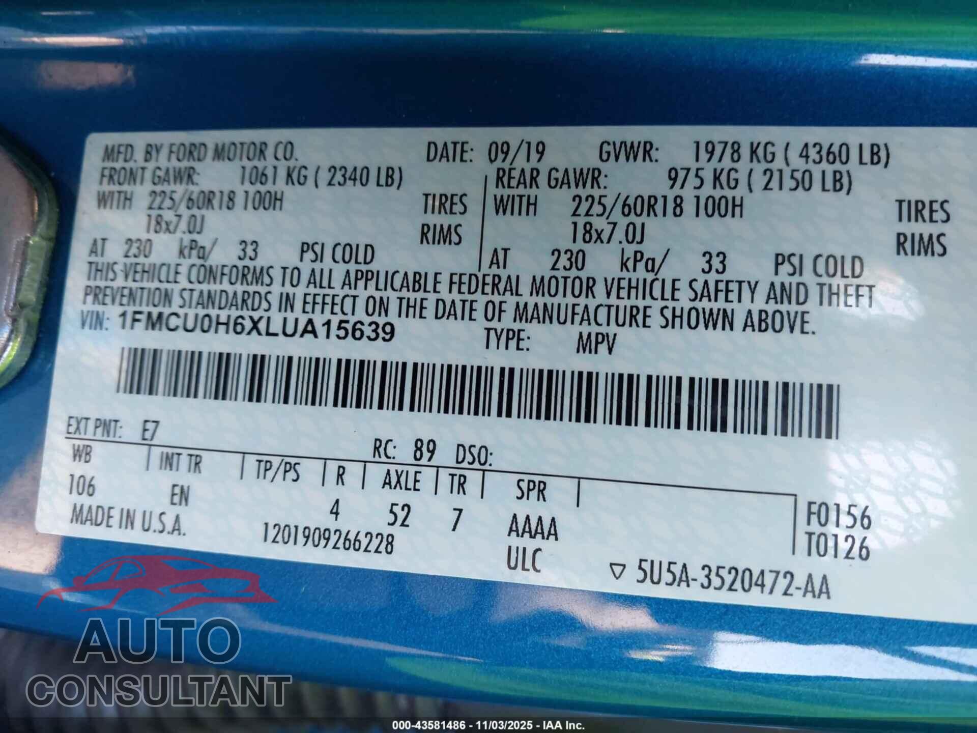 FORD ESCAPE 2020 - 1FMCU0H6XLUA15639