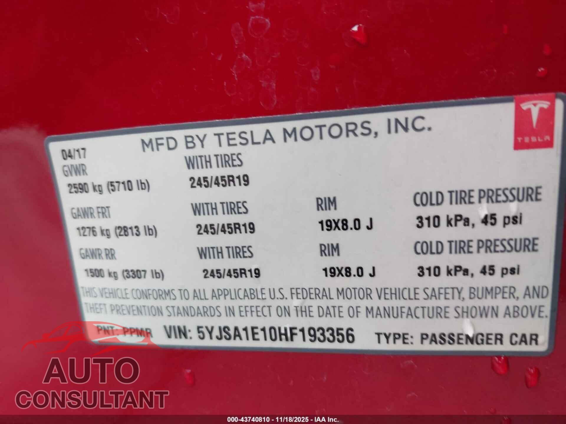 TESLA MODEL S 2017 - 5YJSA1E10HF193356