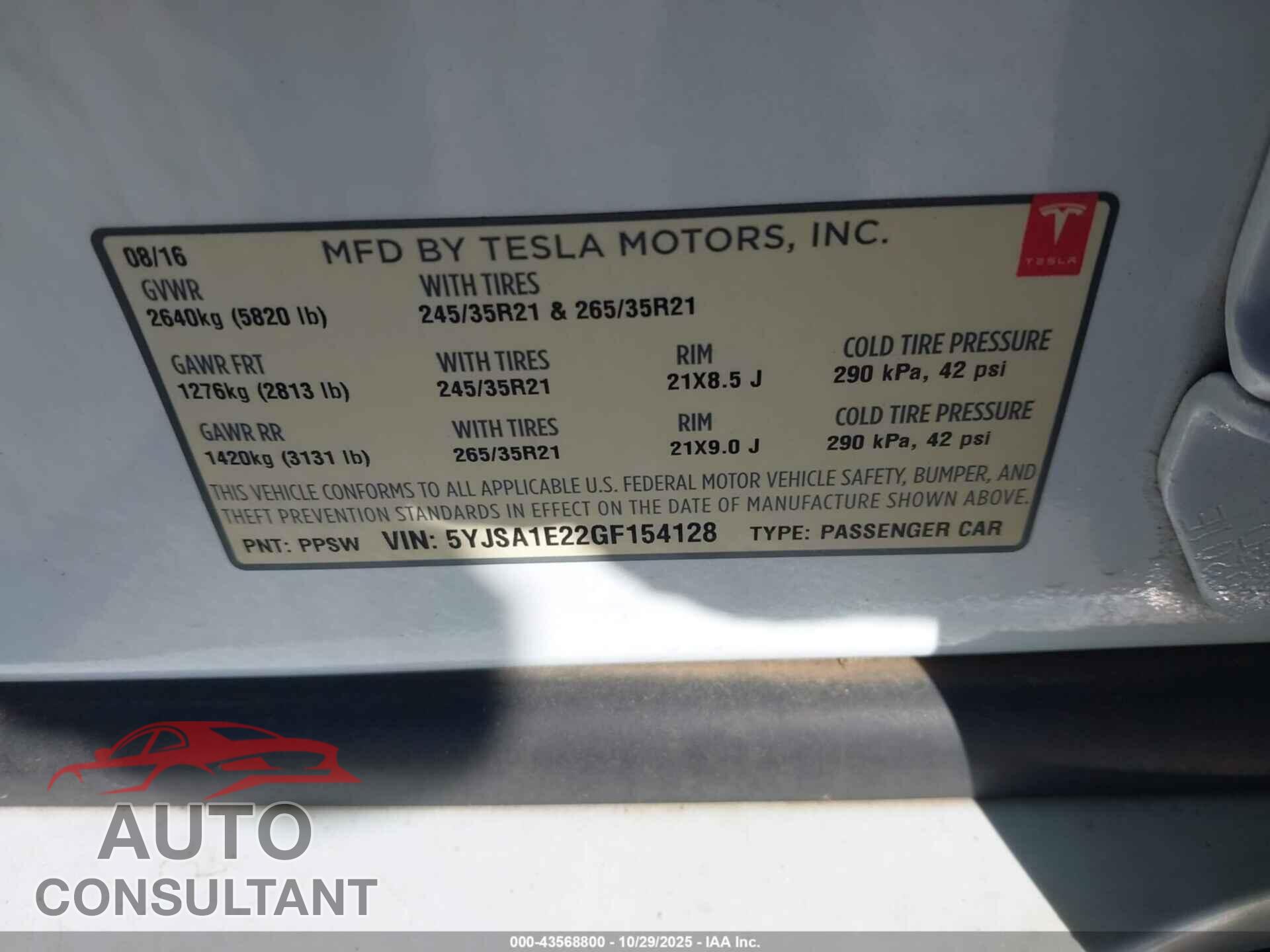 TESLA MODEL S 2016 - 5YJSA1E22GF154128