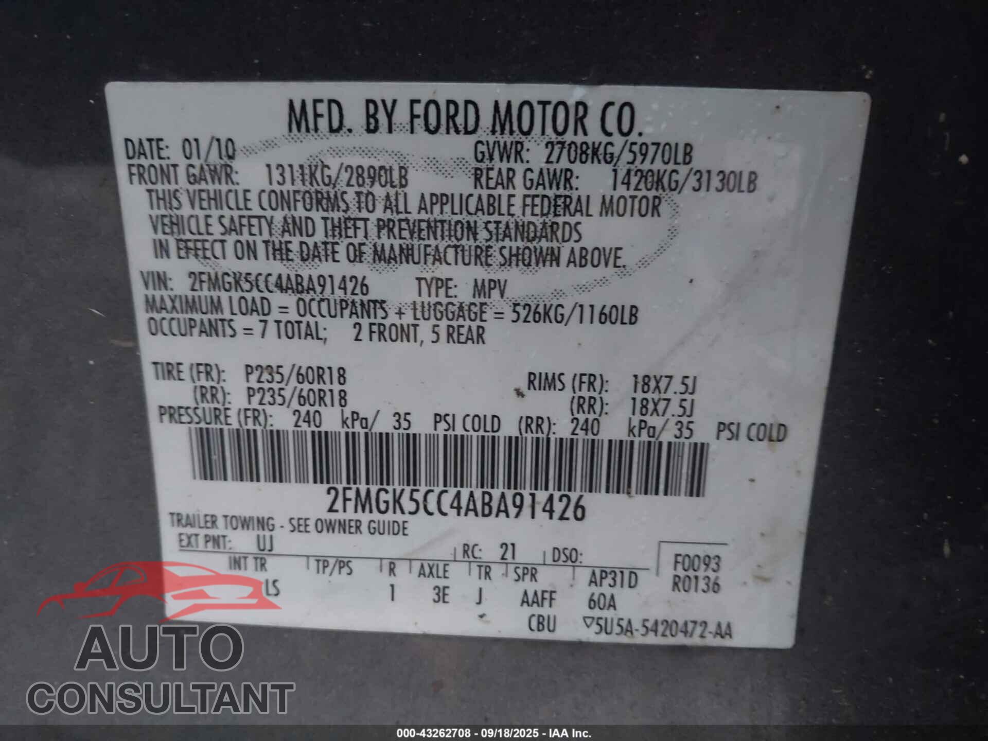 FORD FLEX 2010 - 2FMGK5CC4ABA91426
