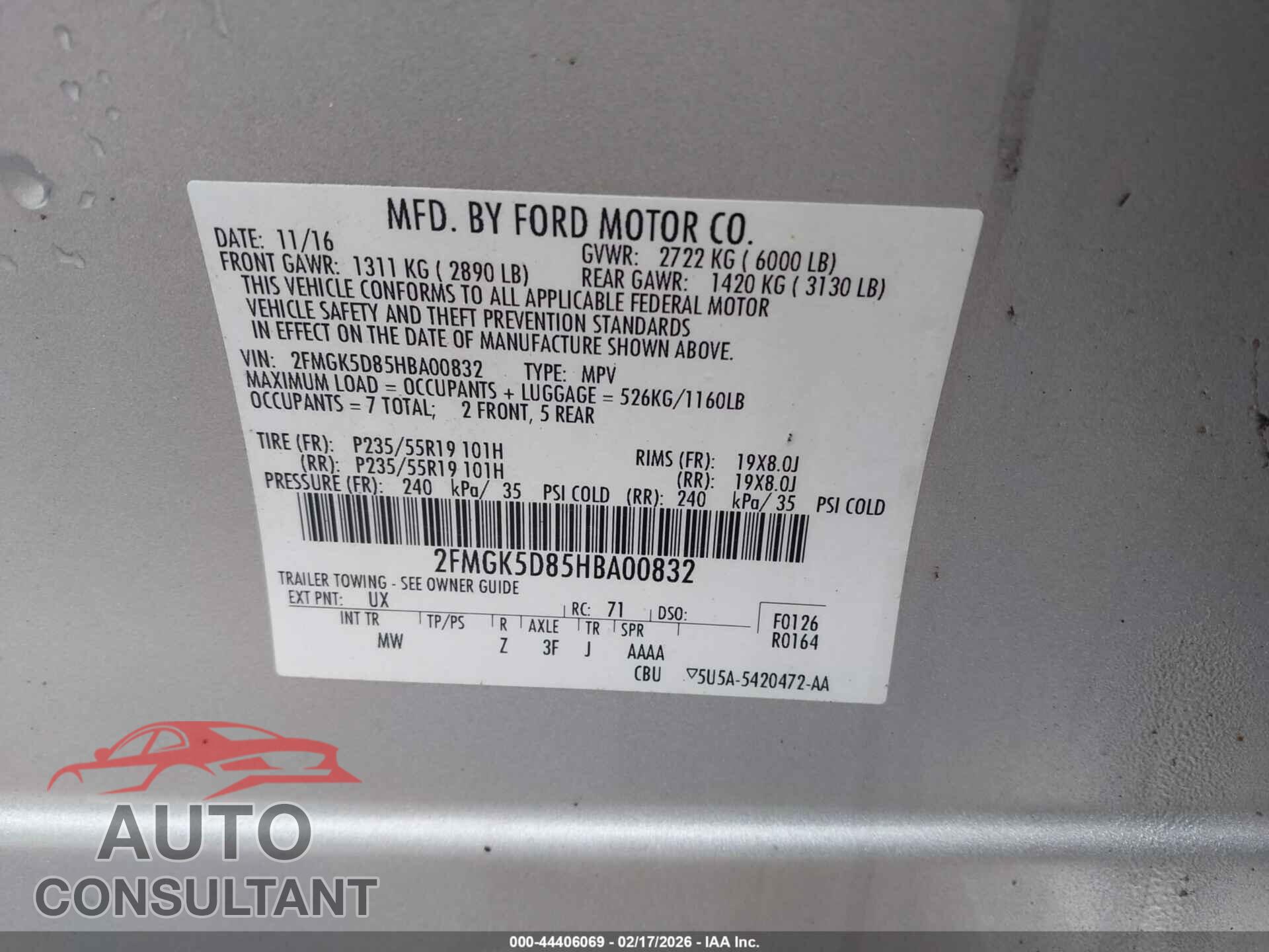 FORD FLEX 2017 - 2FMGK5D85HBA00832