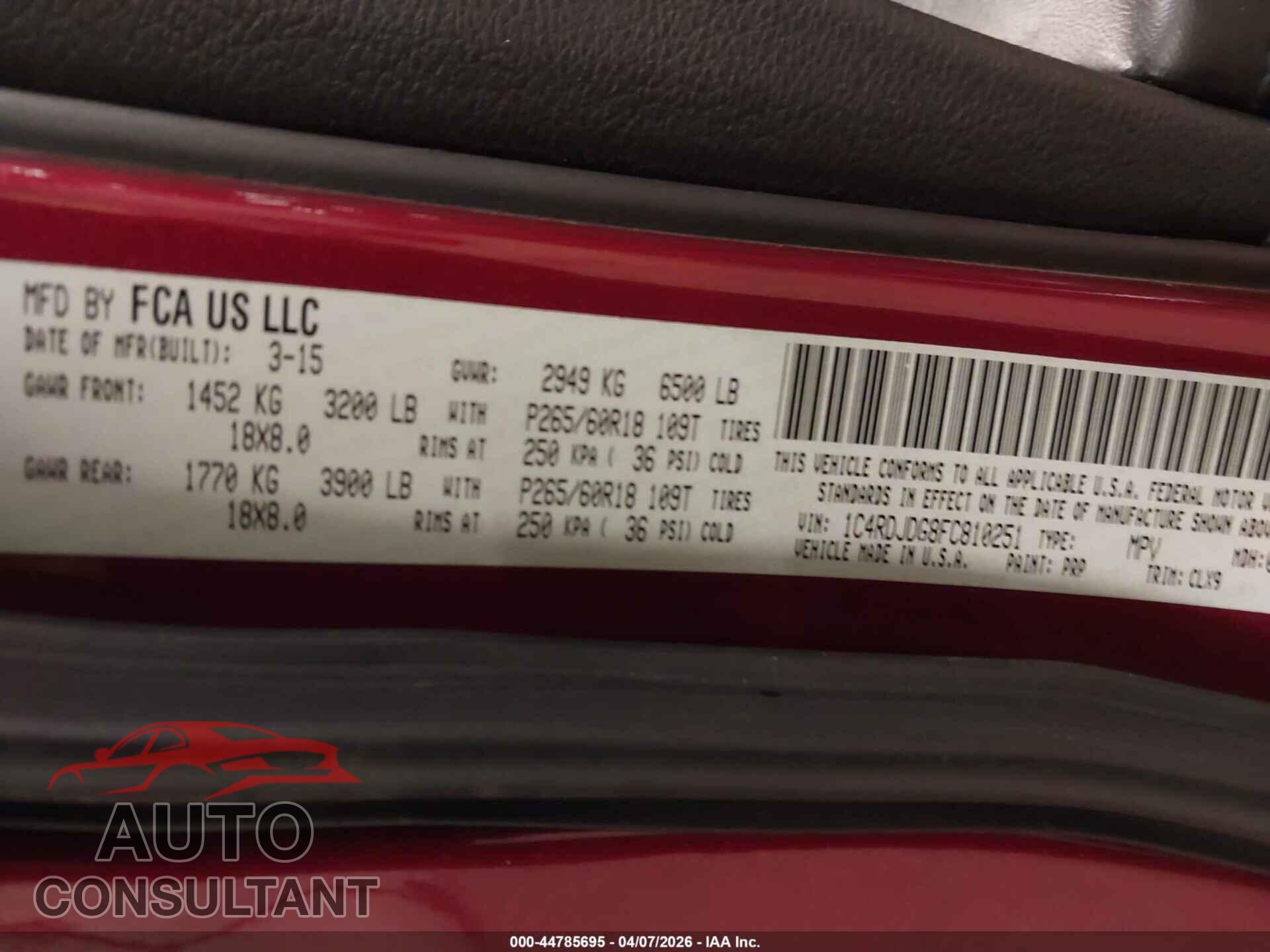 DODGE DURANGO 2015 - 1C4RDJDG8FC810251