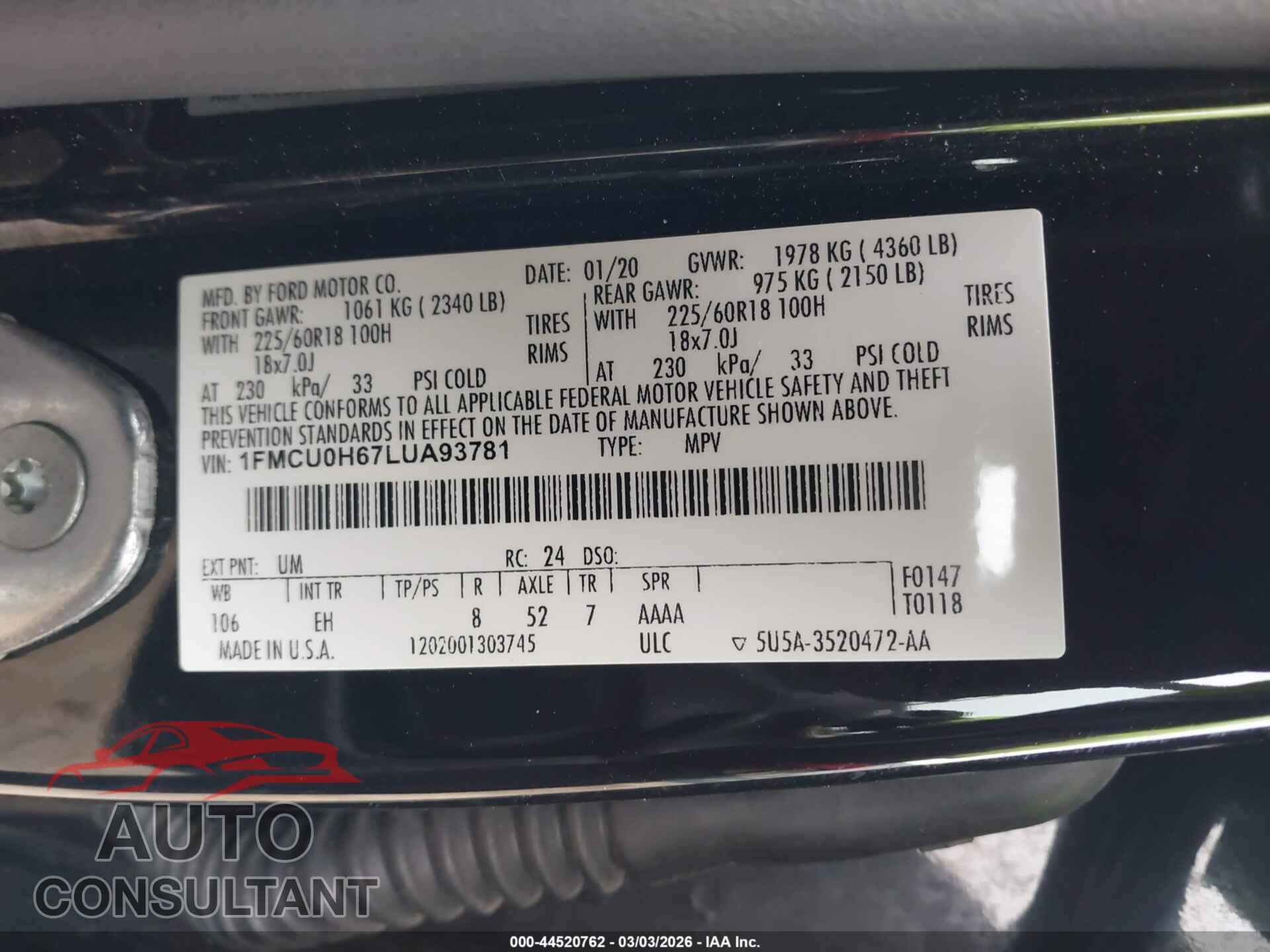 FORD ESCAPE 2020 - 1FMCU0H67LUA93781