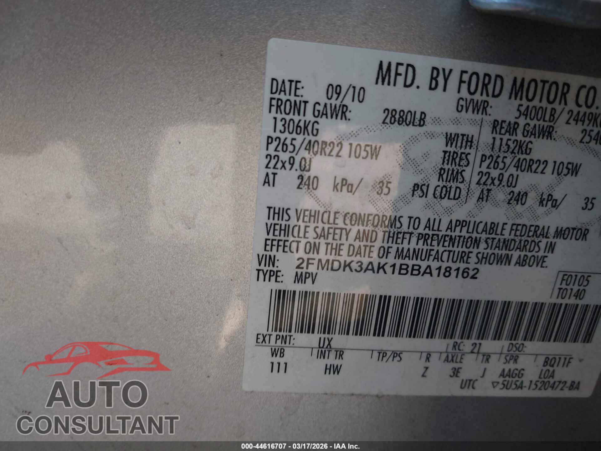 FORD EDGE 2011 - 2FMDK3AK1BBA18162