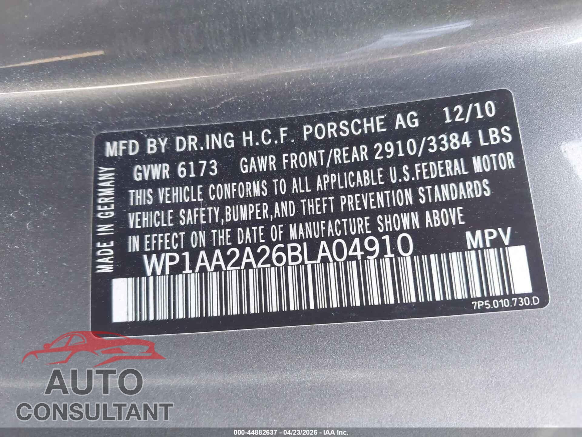 PORSCHE CAYENNE 2011 - WP1AA2A26BLA04910